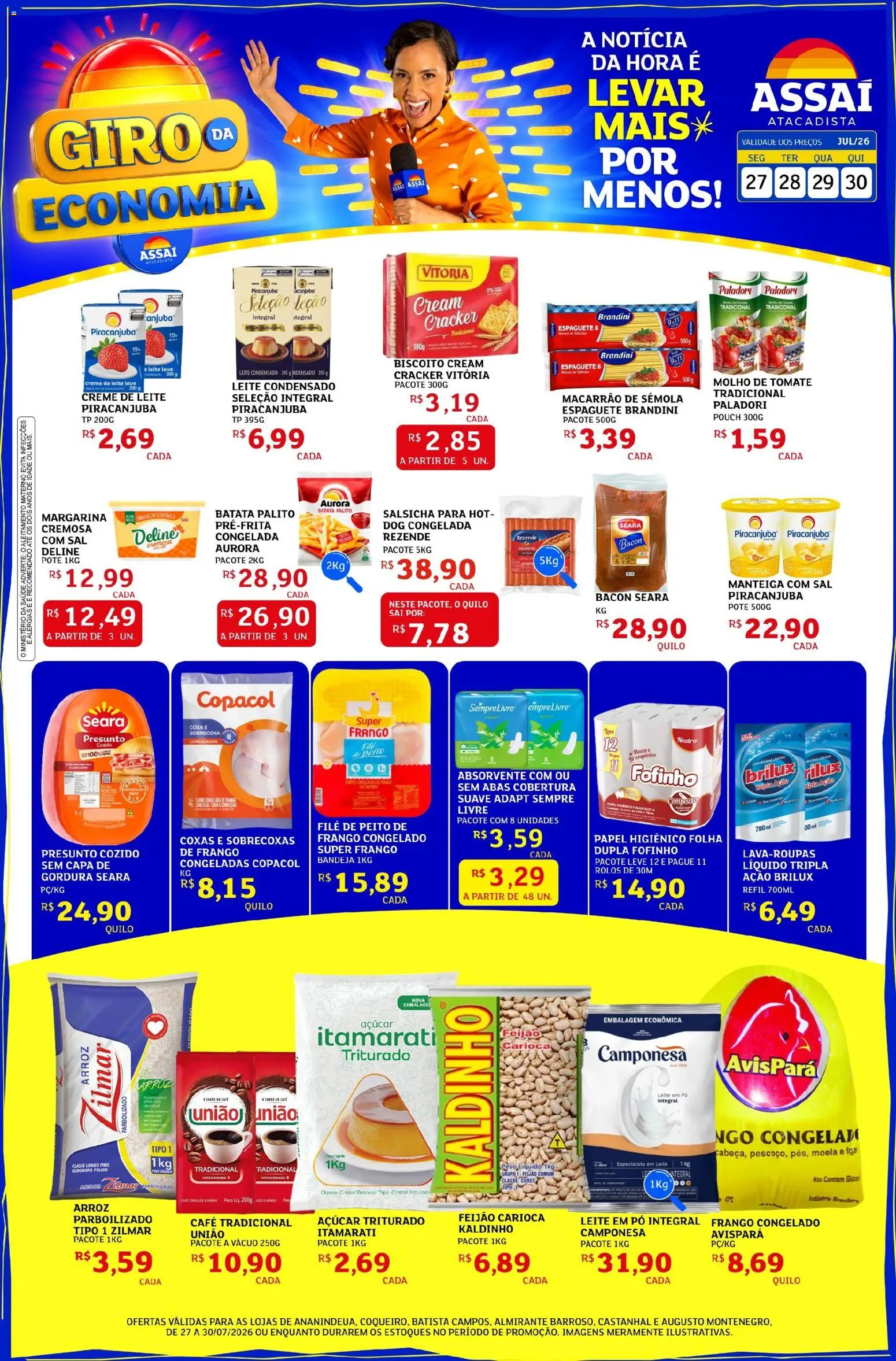 Pré-Visualização do folheto "Assaí Atacadista ofertas - PA" da loja Assaí Atacadista válido a partir de 27/07/2026 - Sal, Salsicha, Tomate, Açúcar, Creme de leite, Papel higiênico, Margarina, Espaguete