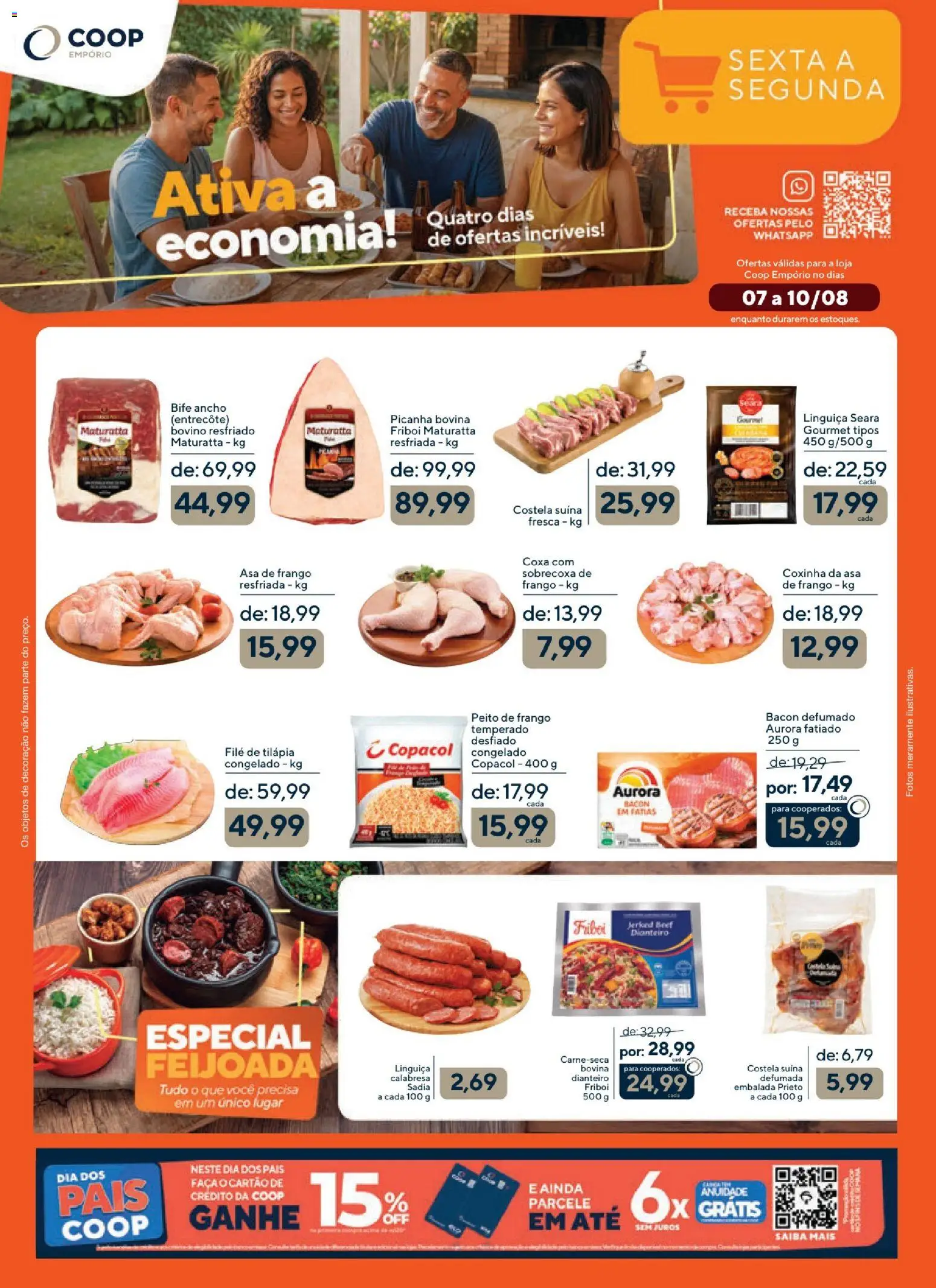 Pré-Visualização do folheto "Coop ofertas Empório" da loja Coop válido a partir de 07/08/2026 - Frango, Bacon, Peito de frango, Bife ancho, Filé de tilápia, Tilápia, Asa de frango, Faca