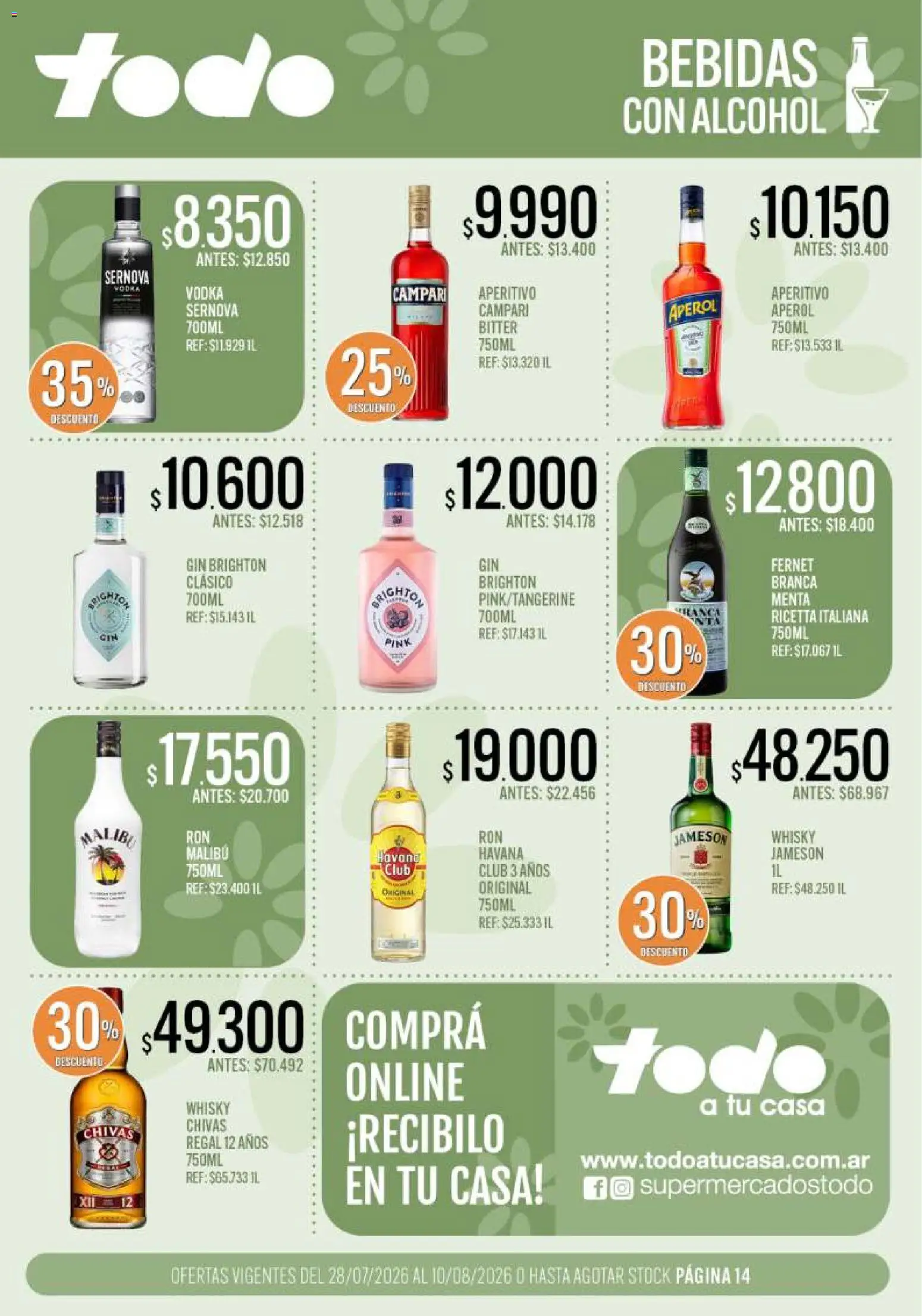 Vista previa del folleto de la tienda Supermercados TODO válido desde el 28/07/2026 - Whisky, Fernet, Vodka, Aperol, Bebidas, Gin, Havana, Jameson