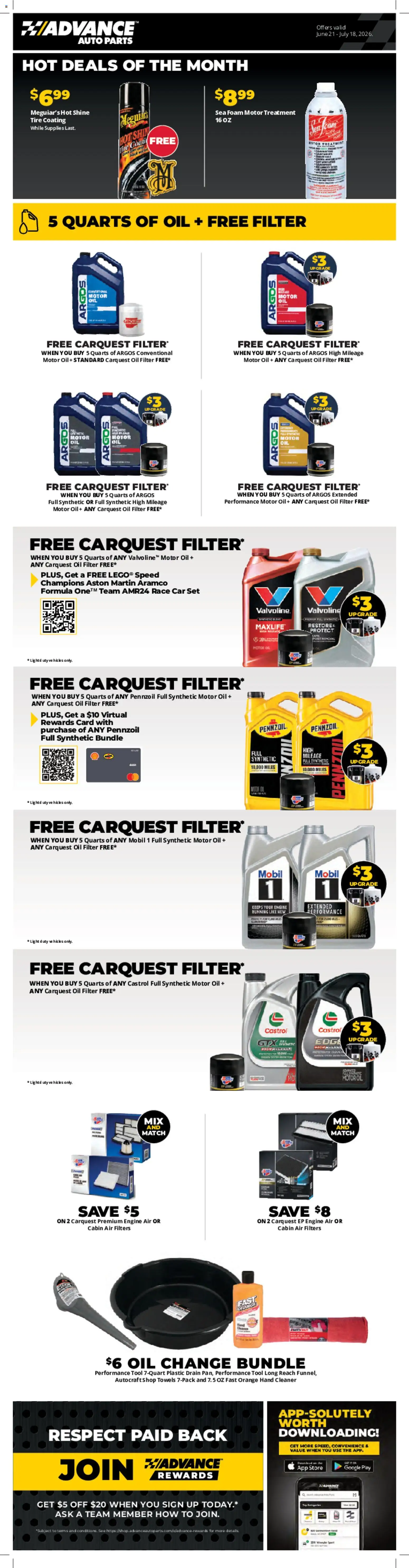 Ad Preview of Advance Auto Parts Advance Auto Parts Weekly Ad from 06/21/2026 - Tire, Oil, Oil filter, Foam, Motor Oil