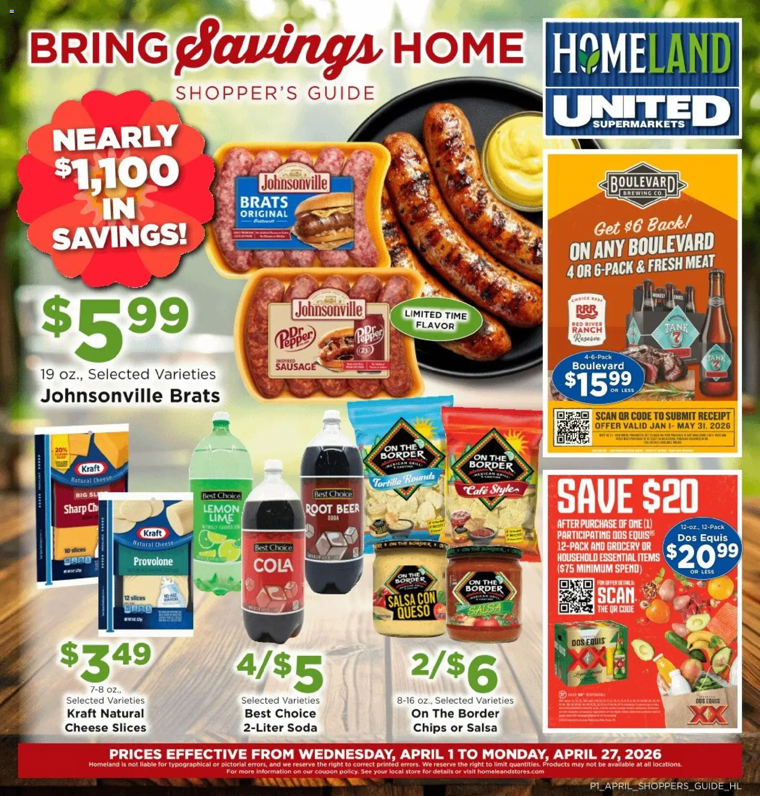 Ad Preview of Homeland Homeland Bring Savings Home Shopper's Guide from 04/01/2026 - Beer, Chips, Cheese, Meat, Lemon, Pepper, Sausage, Lime
