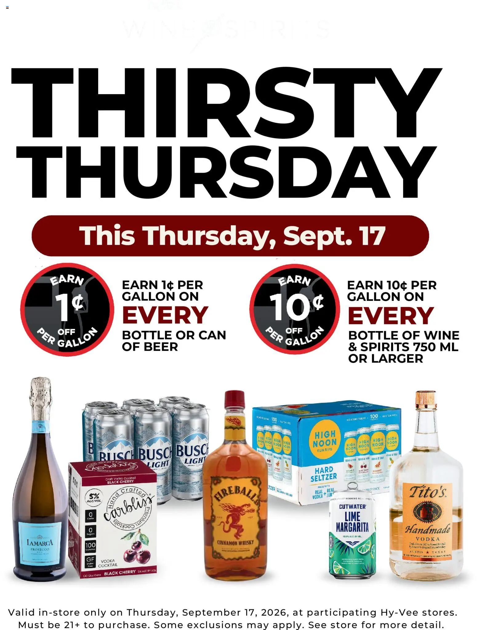 Ad Preview of HyVee HyVee Thirsty Thursday from 09/17/2026 - Beer, Wine, Cocktails, Prosecco, Vodka, Sugar, Lime