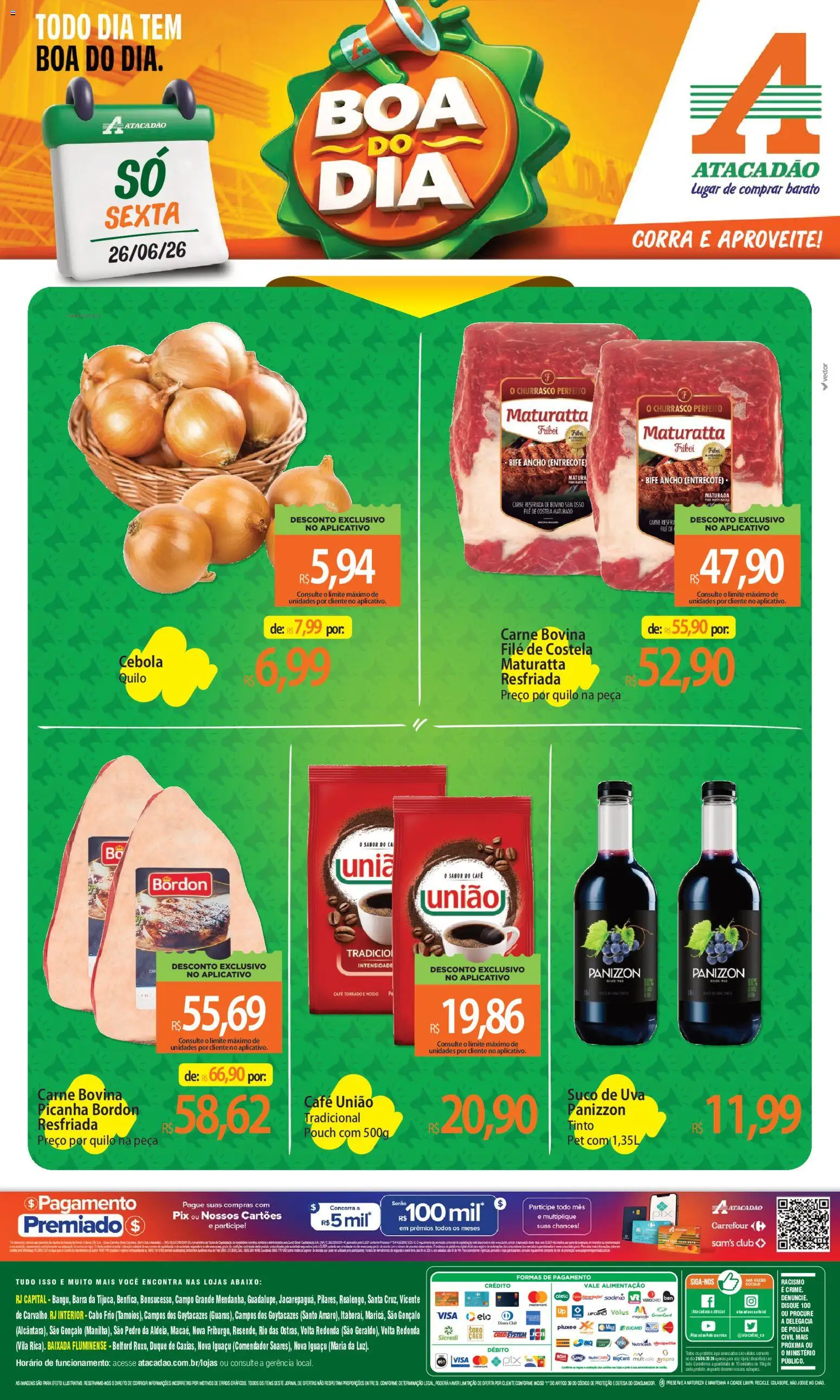 Pré-Visualização do folheto "Atacadão ofertas - RJ" da loja Atacadão válido a partir de 26/06/2026 - Café, Uva, Picanha, Gelo, Cebola, Cabo, Filé de costela, Picanha Bordon