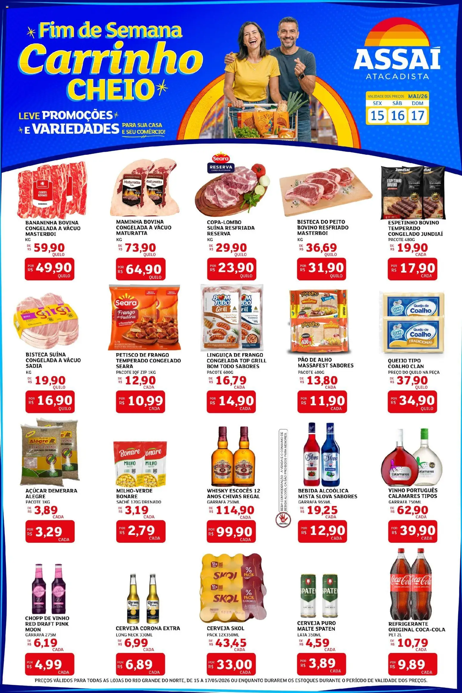 Pré-Visualização do folheto "Assaí Atacadista ofertas - RN" da loja Assaí Atacadista válido a partir de 15/05/2026 - Whisky, Vinho, Carrinho, Açúcar, Refrigerante, Pao de alho, Linguiça, Patê