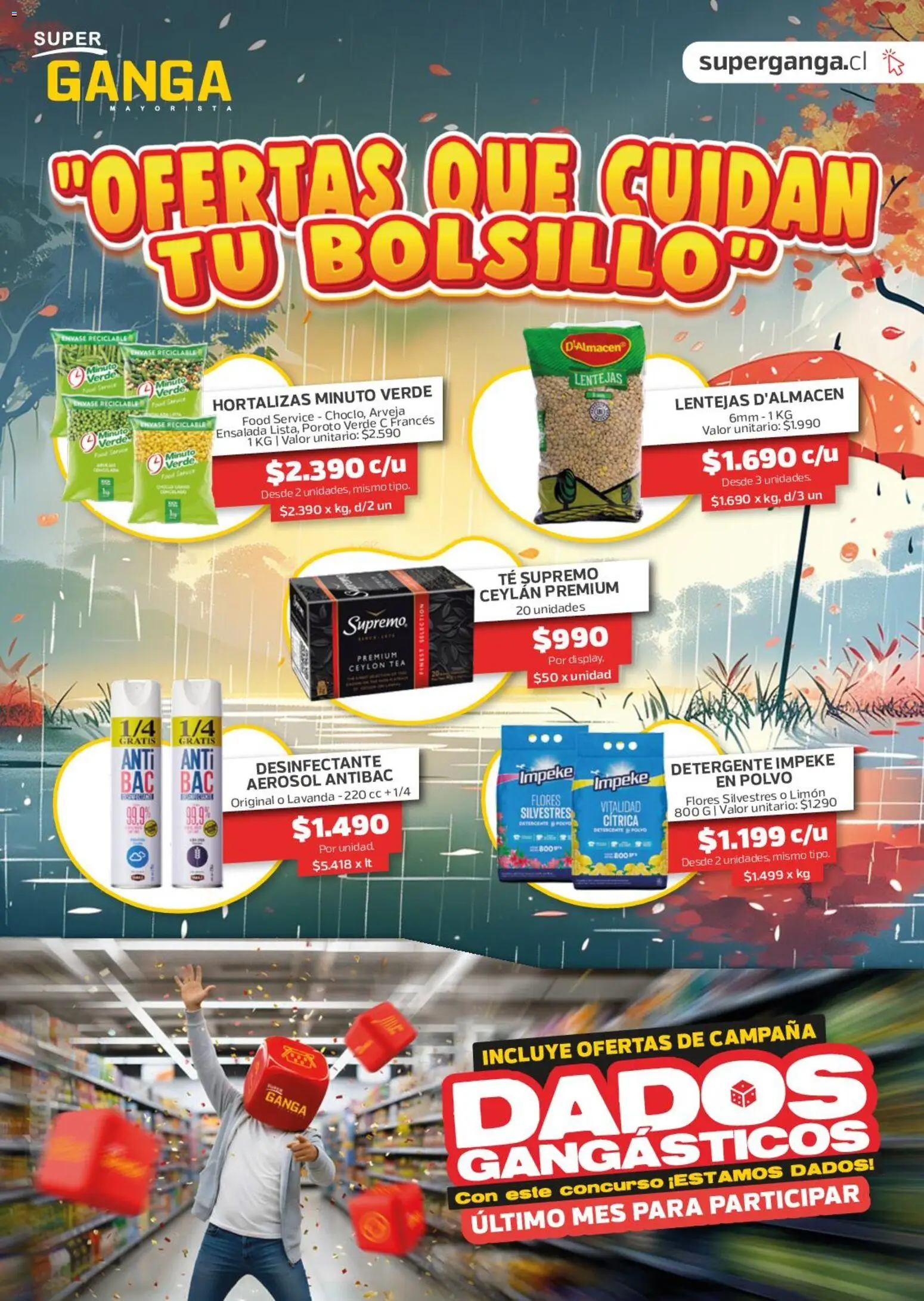 Folleto de la tienda Super Ganga válido desde el 15.06.2026 - Flores, Lentejas, Ensalada, Limón, Detergente, Desinfectante, Polvo, Arveja