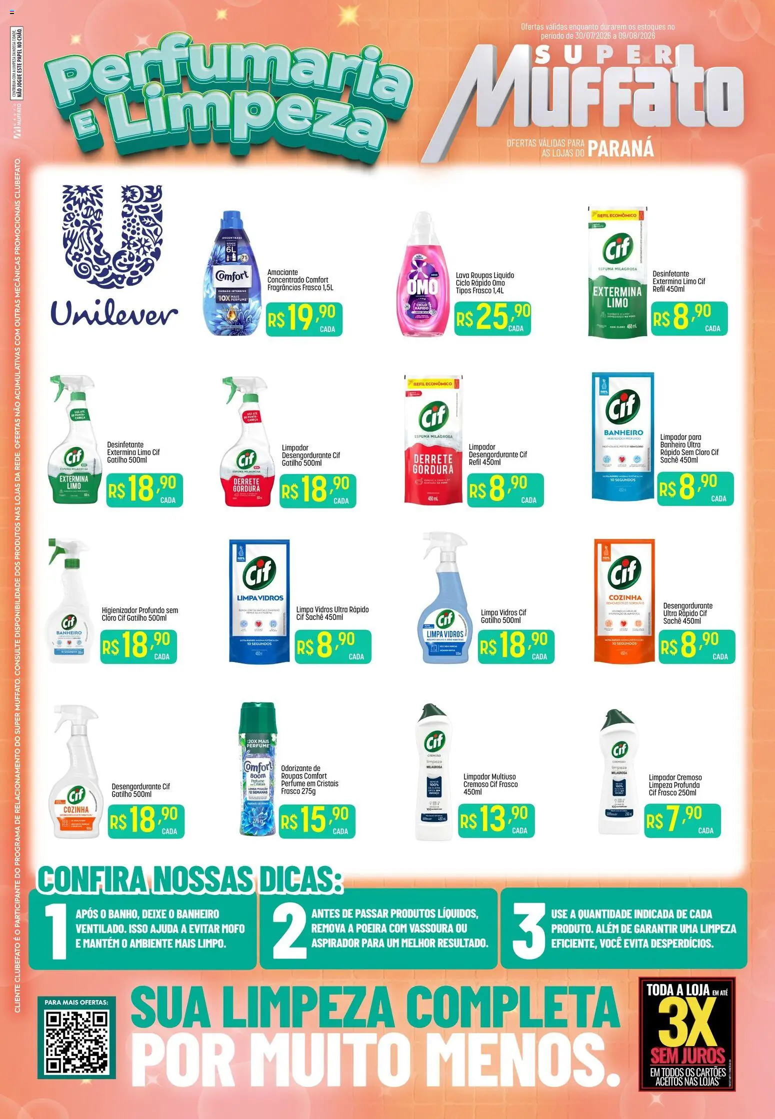 Pré-Visualização do folheto "Super Muffato ofertas Perfumaria e Limpeza" da loja Super Muffato válido a partir de 30/07/2026 - Perfume, Roupas, Desinfetante, Vassoura, Cloro, Limpa vidros, Desengordurante, Limpador multiuso