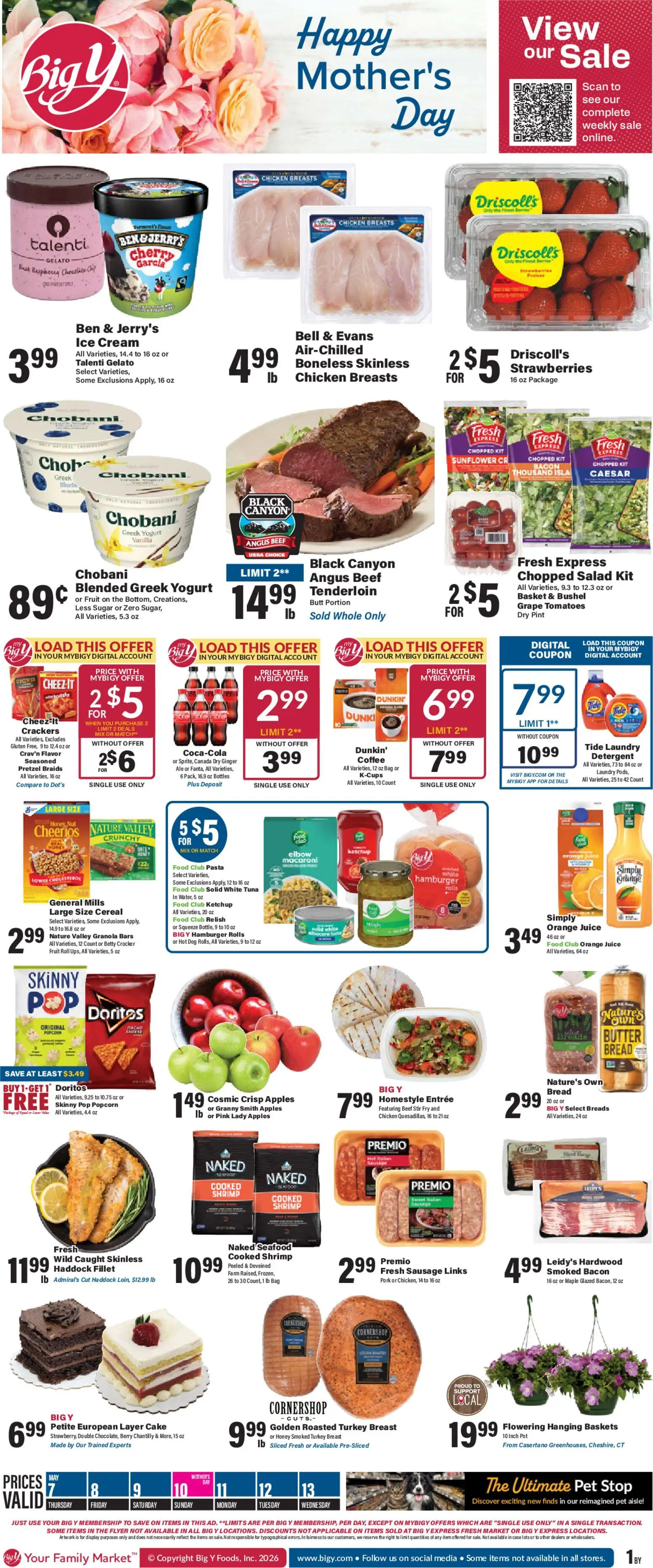 Ad Preview of Big Y Big Y Weekly Ad from 05/07/2026 - Ice cream, Chocolate, Salad, Butter, Sugar, Chicken breasts, Turkey breast, Chicken