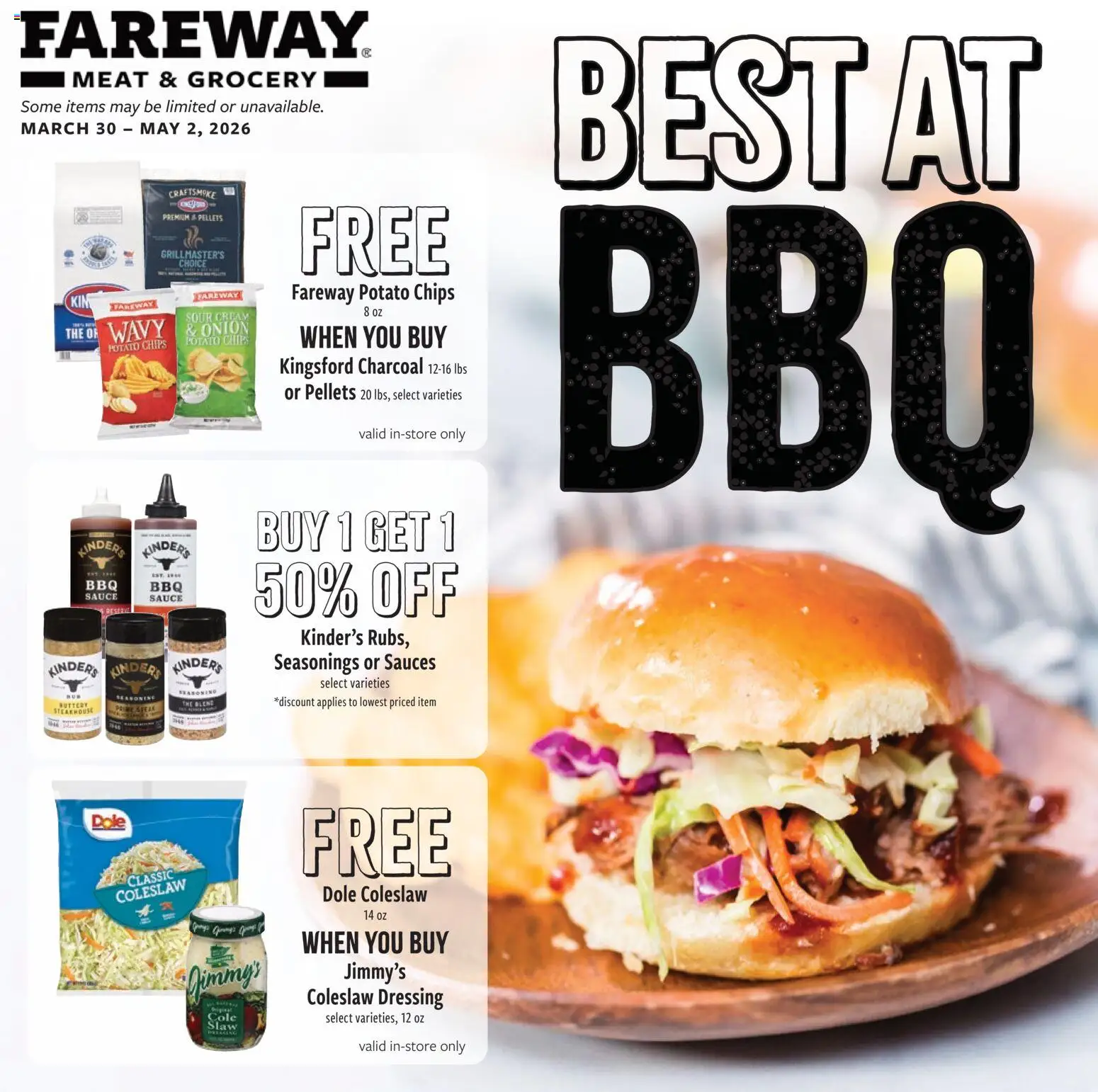 Ad Preview of Fareway Fareway Monthly Ad from 03/30/2026 - Chips, Dressing, Meat, Onion, Sour cream, Potato chips, Sauces, Seasonings