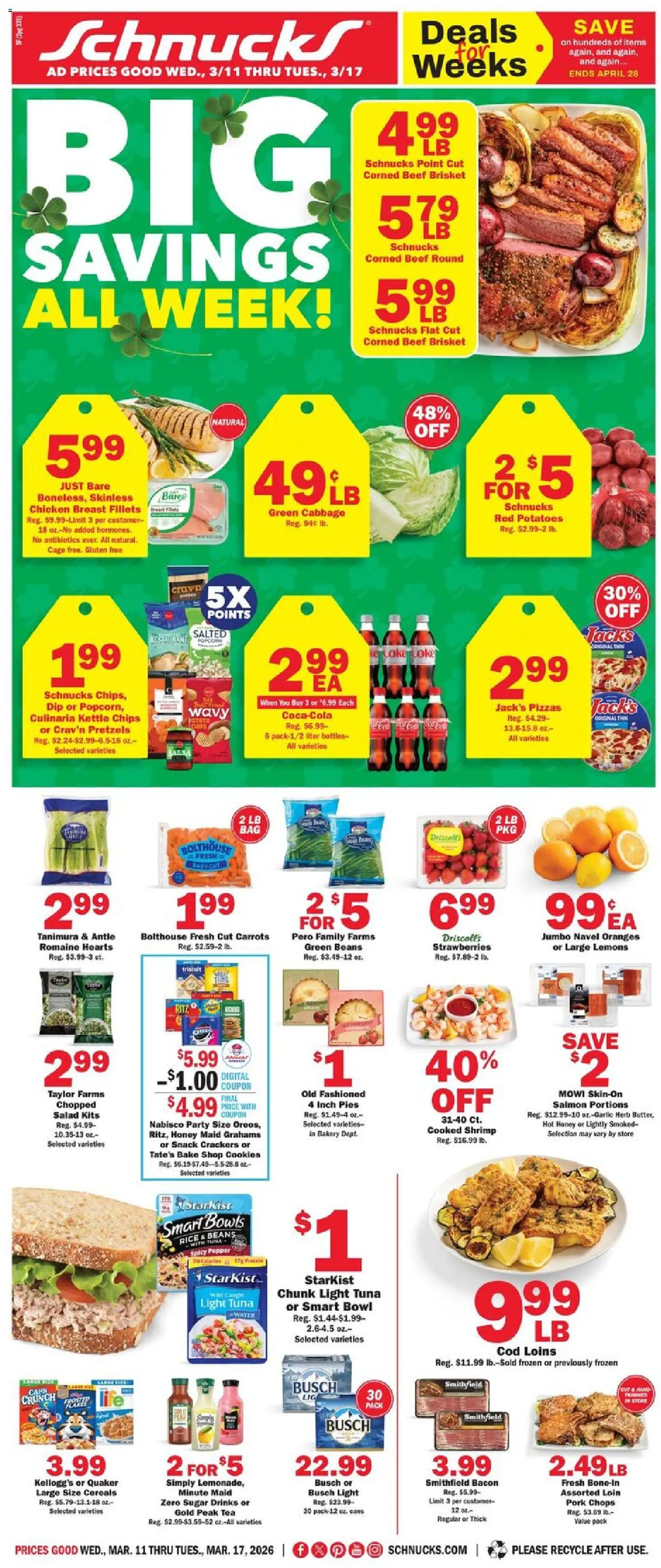 Ad Preview of Schnucks Schnucks Ad from 03/11/2026 - Water, Tea, Oranges, Lemons, Bacon, Sugar, Pork, Beef round