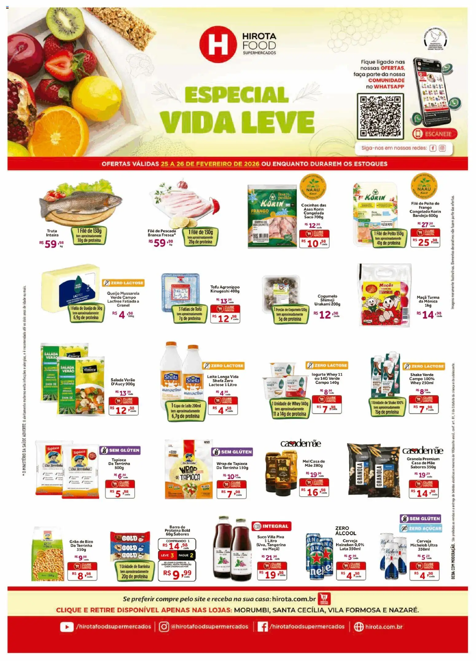 Pré-Visualização do folheto "Ofertas Especial Vida Leve " da loja Hirota Food válido a partir de 25/02/2026 - Tapioca, Maçãs, Álcool, Leite, Suco, Granola, Açúcar, Peito de frango