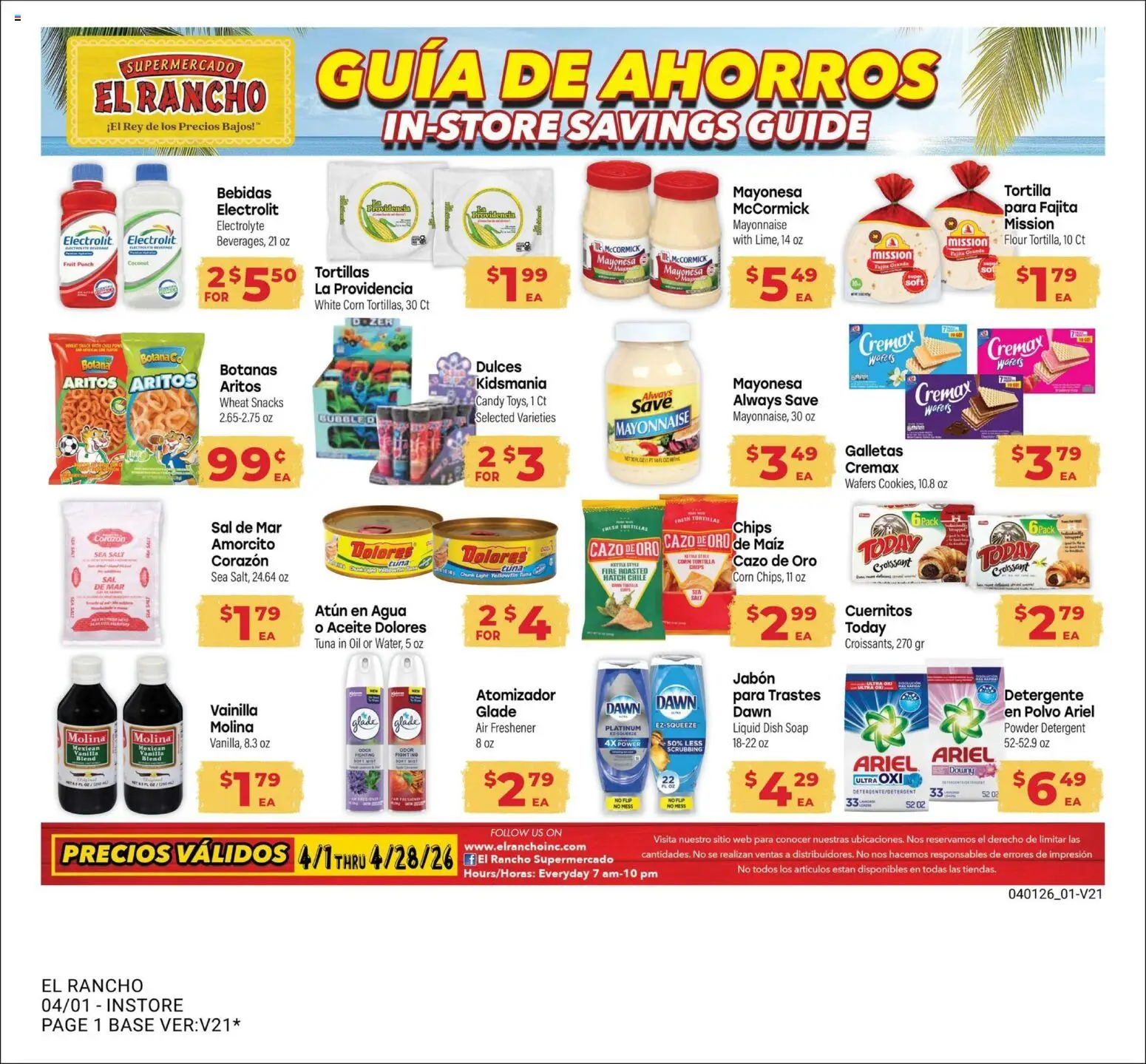 Ad Preview of El Rancho El Rancho Monthly Ad from 04/01/2026 - Candy, Fruit, Salt, Tortillas, Vanilla, Mayonnaise, Detergent, Air freshener