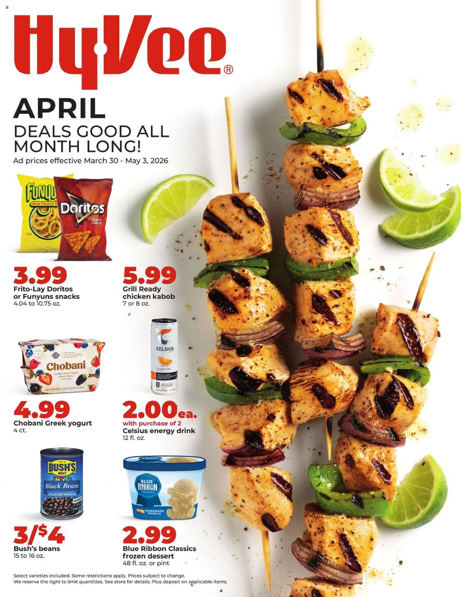 Ad Preview of HyVee HyVee Monthly from 03/30/2026 - Snacks, Grill, Yogurt, Greek yogurt, Energy drink, Onion, Beans, Chicken