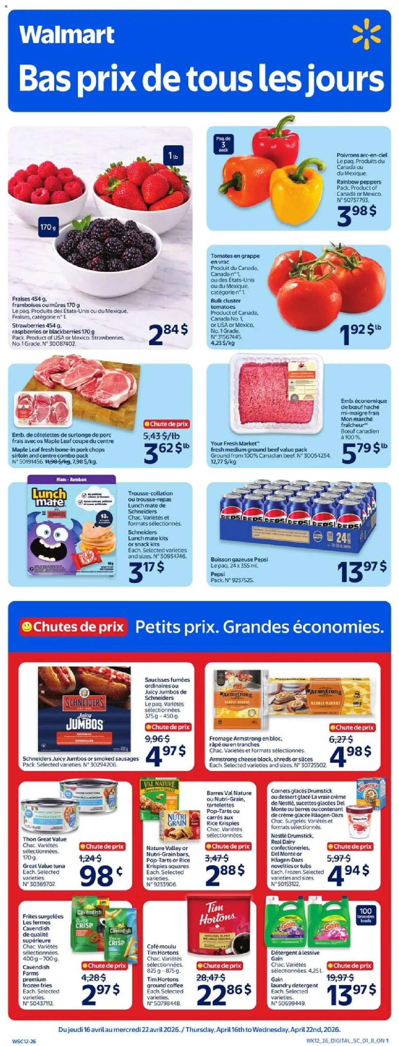 Preview of leaflet Walmart circulaire from shop Walmart is valid from Apr 16, 2026 - Strawberries, Pepsi, Tomatoes, Rice, Tuna, Pork, Ground beef, Detergent