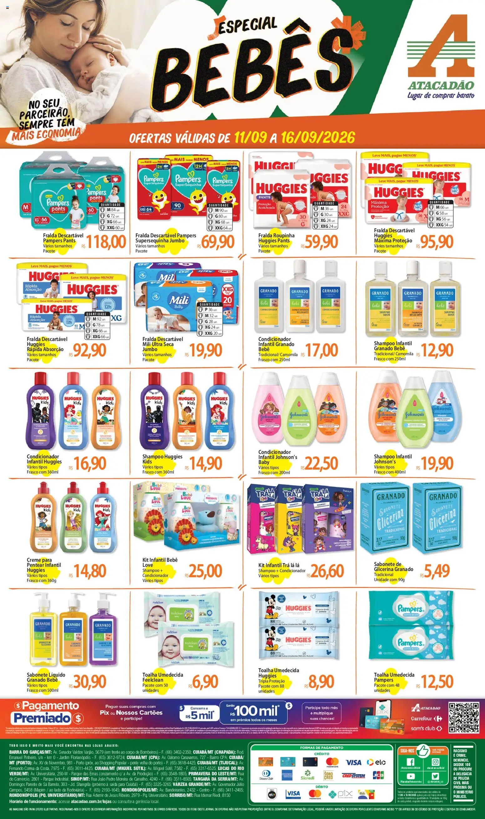 Pré-Visualização do folheto "Atacadão ofertas - MT" da loja Atacadão válido a partir de 11/09/2026 - Shampoo, Fraldas, Sabonete líquido, Pampers, Creme, Condicionador, Shampoo infantil, Toalha umedecida