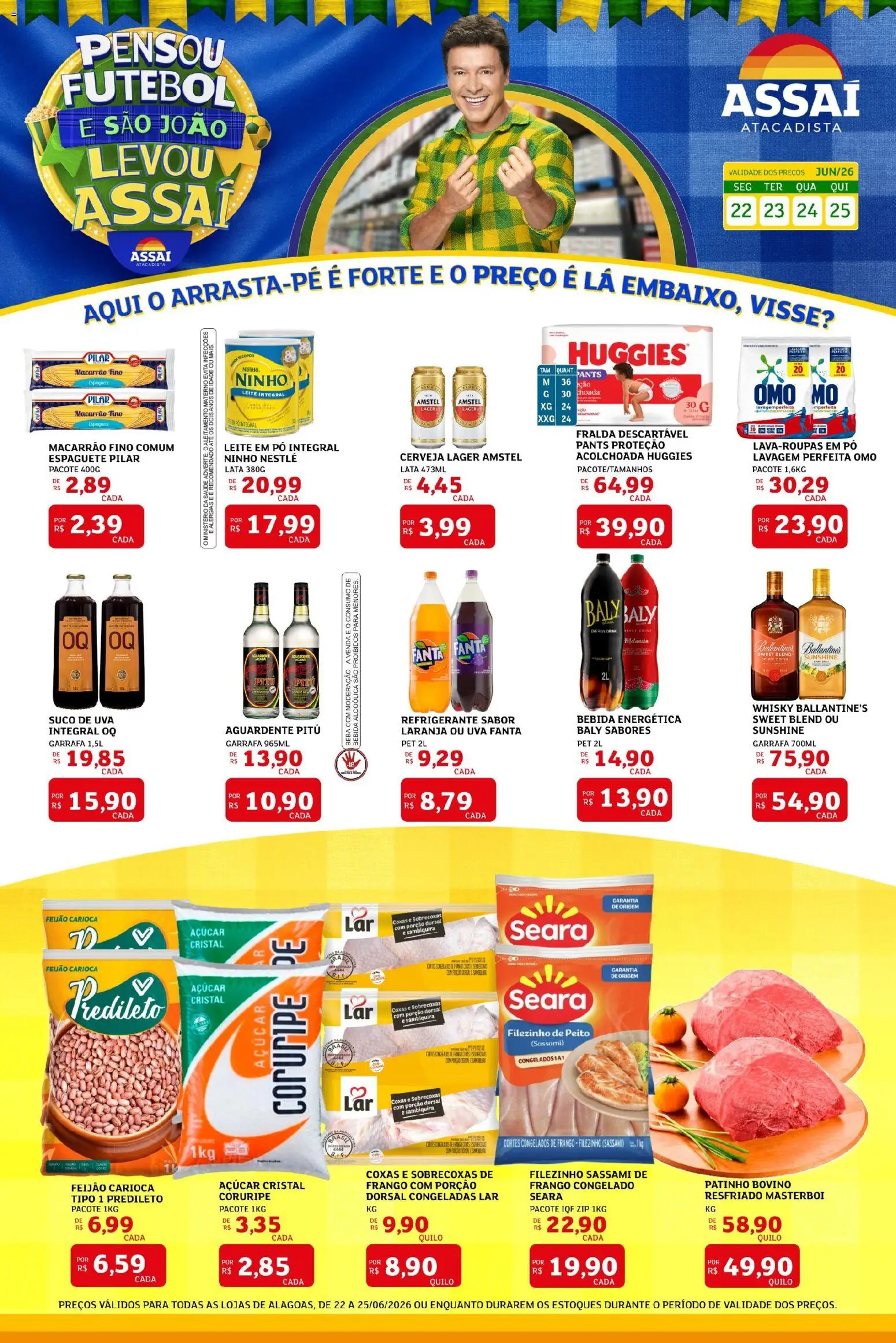 Pré-Visualização do folheto "Assaí Atacadista ofertas - AL" da loja Assaí Atacadista válido a partir de 22/06/2026 - Macarrão, Bebida, Leite, Açúcar, Leite integral, Fanta, Açúcar cristal, Bebida energética