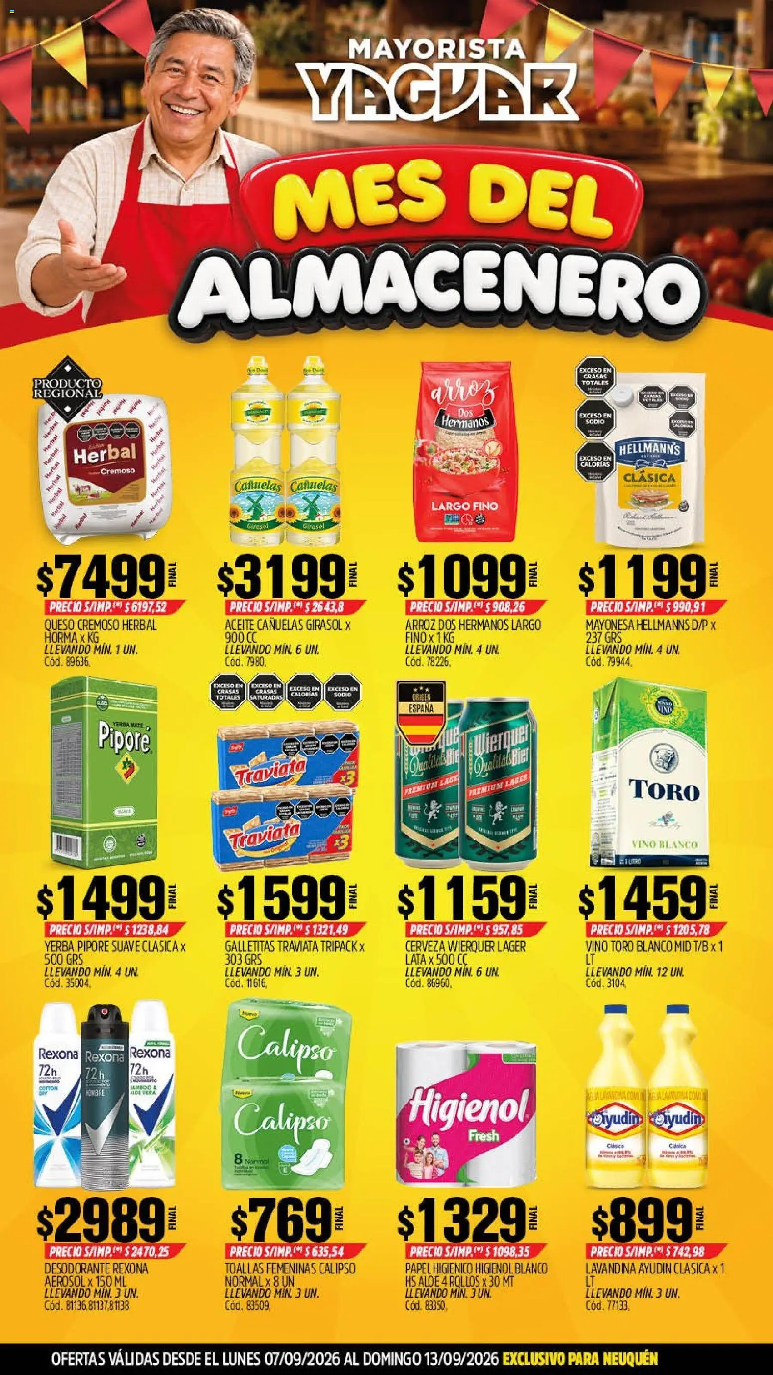 Vista previa del folleto de la tienda Yaguar válido desde el 07/09/2026 - Queso, Vino, Yerba, Arroz, Galletitas, Vino blanco, Desodorante, Toallas