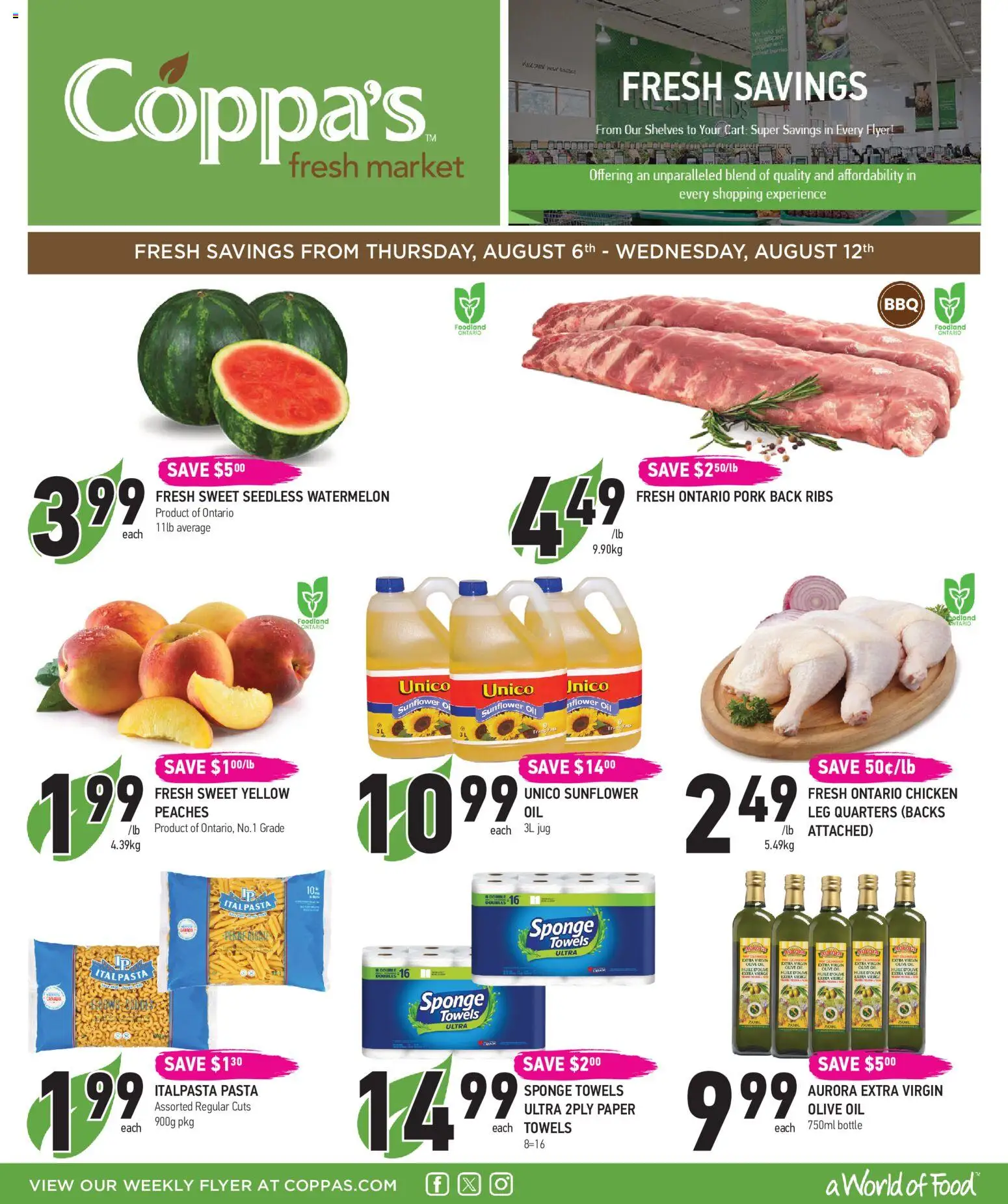 Preview of leaflet Coppas Fresh Market weekly flyer / circulaire from shop Coppas Fresh Market is valid from Aug 06, 2026 - Chicken, Pasta, Sunflower, Peaches, Watermelon, Towels, Sunflower oil, Seedless watermelon