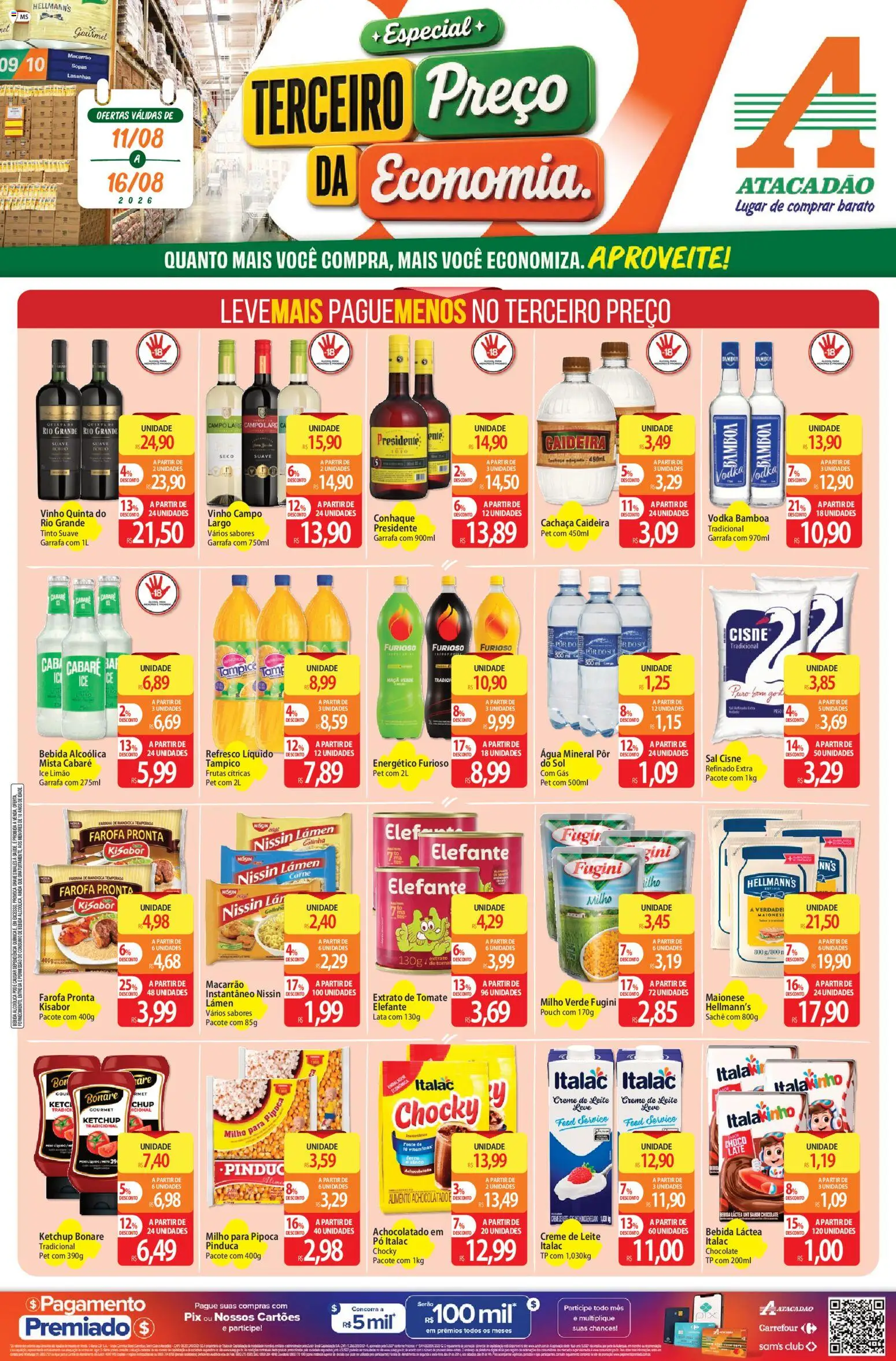 Pré-Visualização do folheto "Atacadão ofertas - MS" da loja Atacadão válido a partir de 11/08/2026 - Macarrão, Bebida, Carne, Ketchup, Cachaça, Farofa, Achocolatado, Água mineral