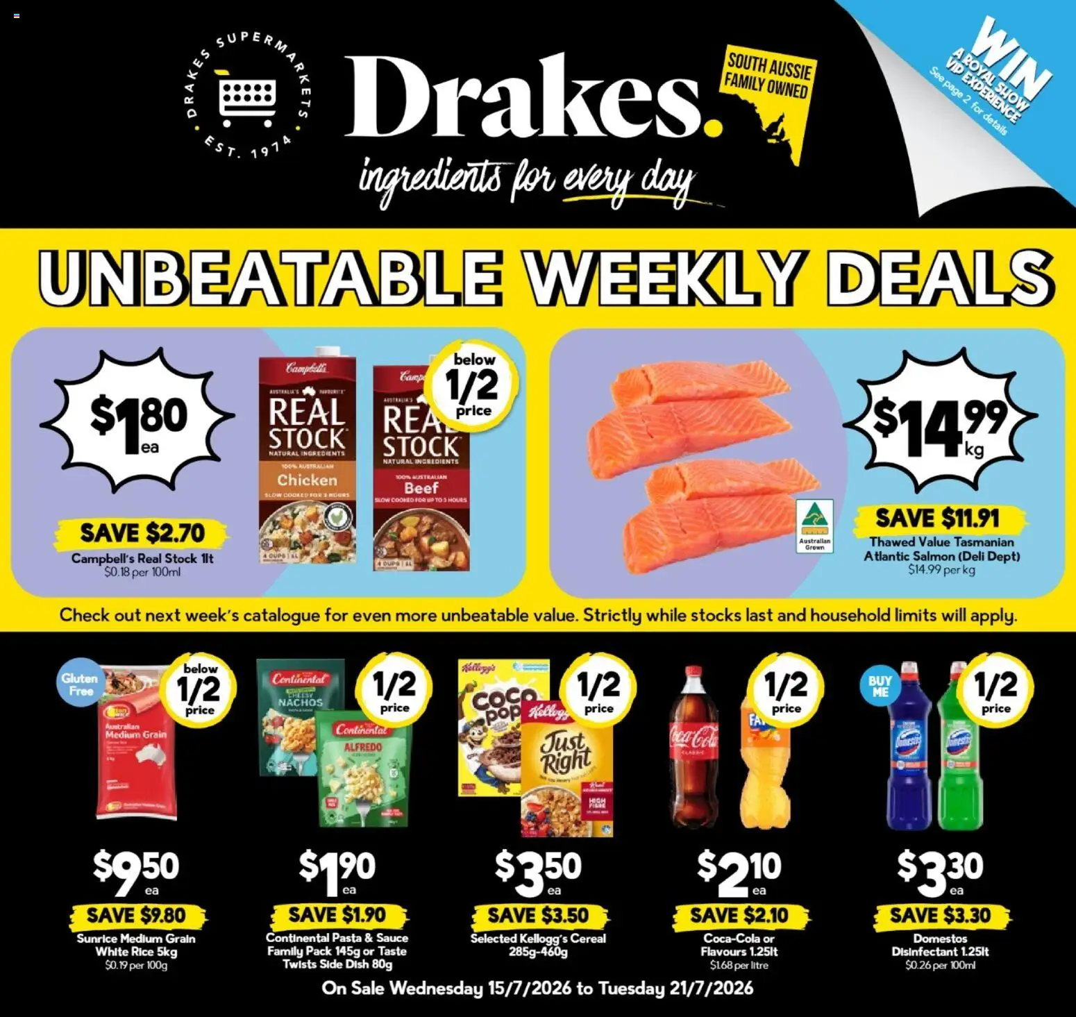 Preview of catalogue Drakes catalogue from shop Drakes valid 15/07/2026 - Household, Ingredients, Rice, Beef, Cereal, Pasta, Salmon, Sauce