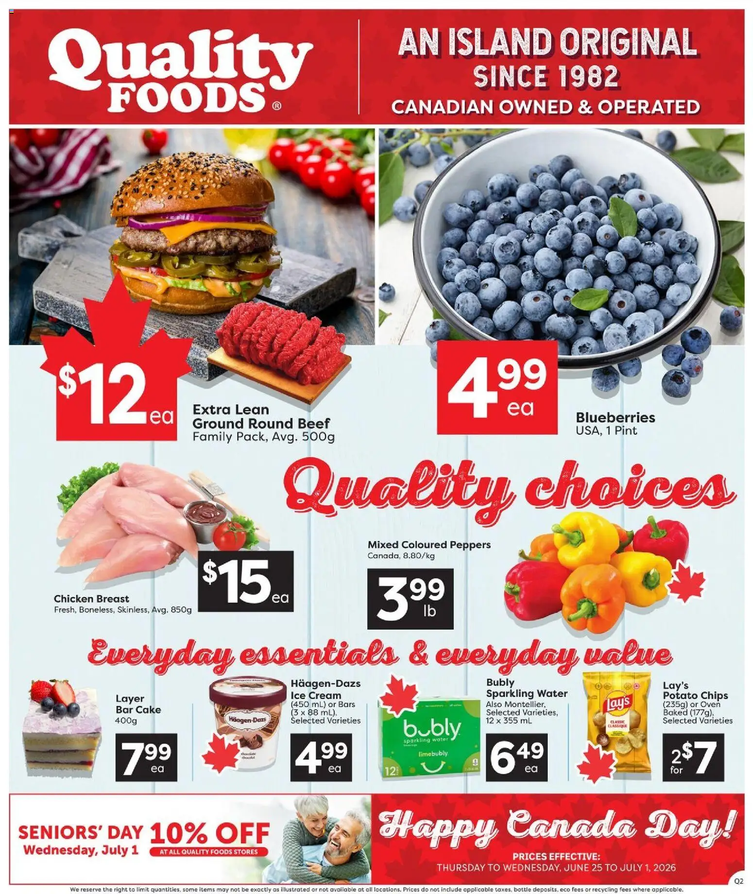 Preview of leaflet Quality Foods weekly flyer / circulaire from shop Quality Foods is valid from Jun 25, 2026 - Ice cream, Cake, Water, Ice, Chips, Blueberries, Beef, Cream