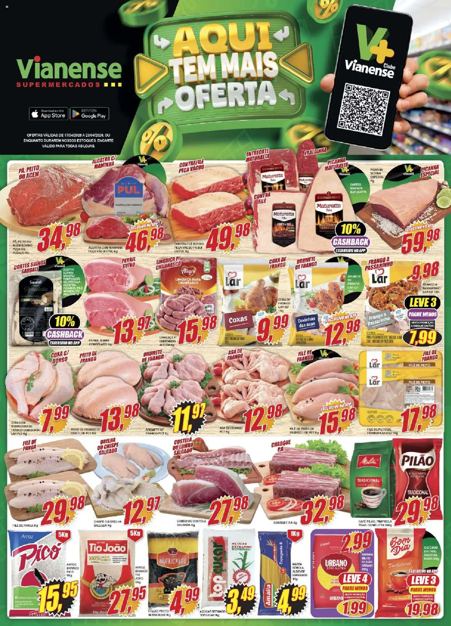 Pré-Visualização do folheto "Vianense ofertas" da loja Vianense válido a partir de 17/04/2026 - Picanha, Açúcar, Milho, Linguiça, Alcatra, Farinha, Asa de frango, Acém