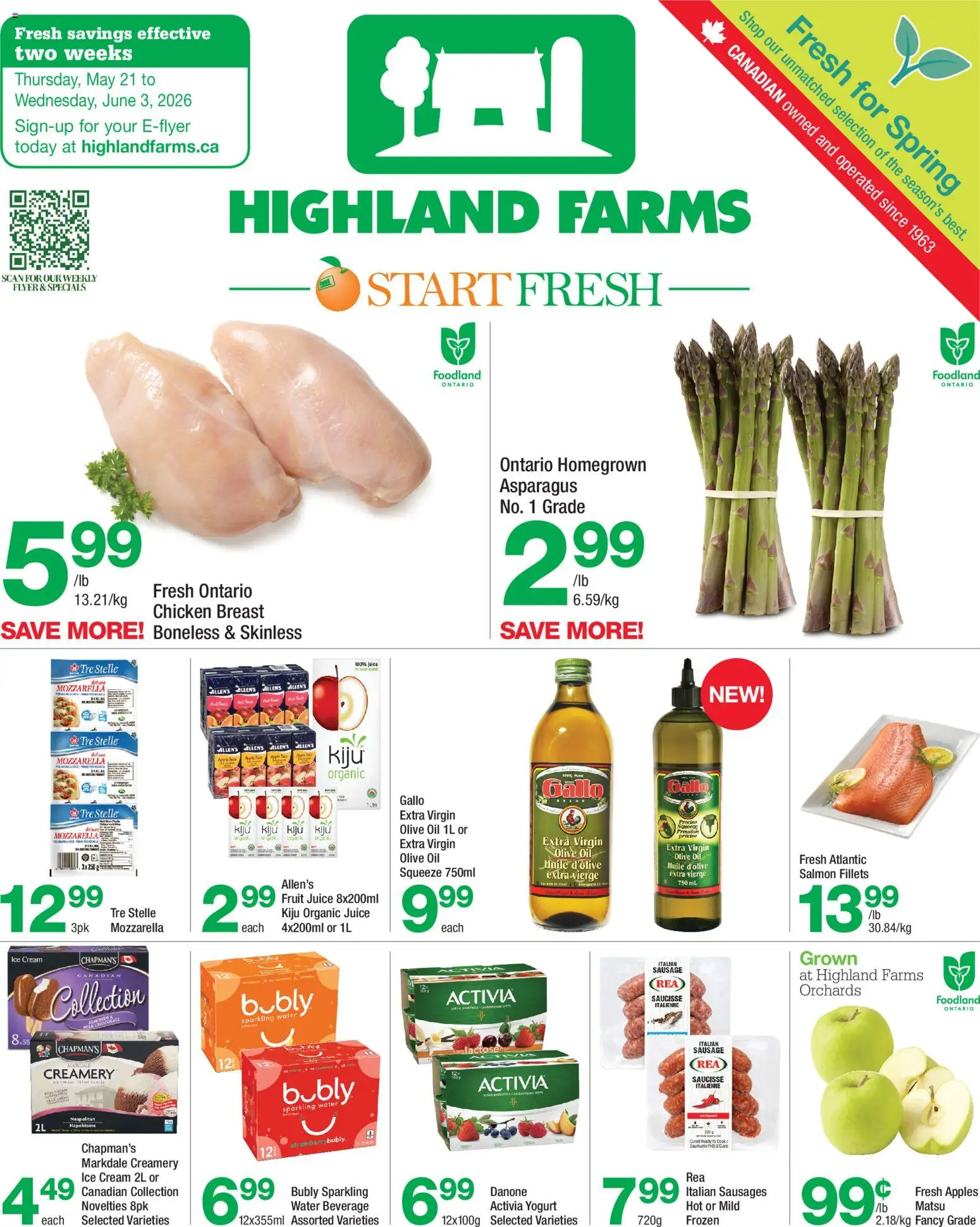Preview of leaflet Highland Farms weekly flyer / circulaire from shop Highland Farms is valid from May 21, 2026 - Water, Chocolate, Milk, Juice, Asparagus, Sausage, Cream, Mozzarella