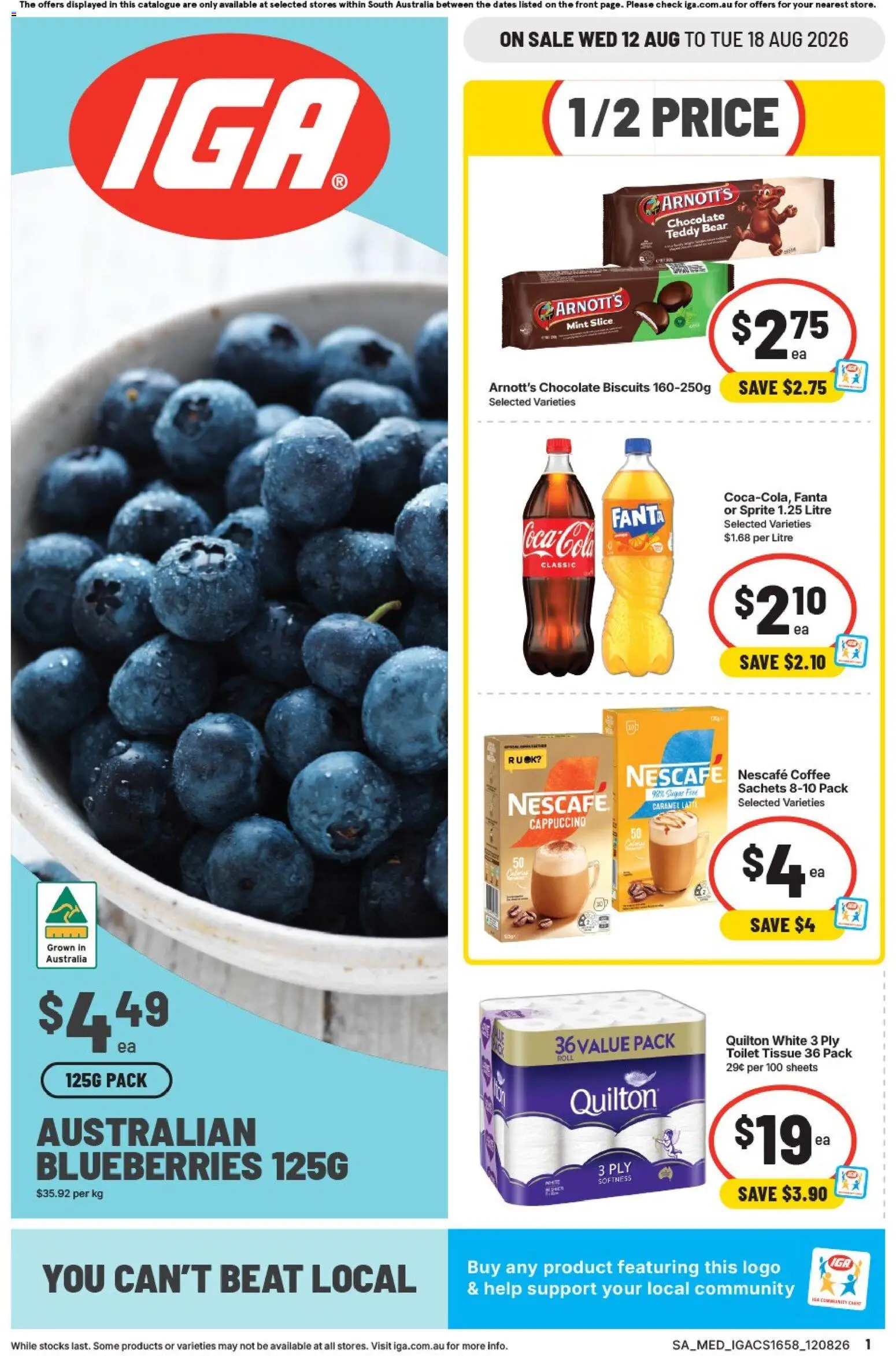 Preview of catalogue IGA Local Grocer SA from shop IGA valid 12/08/2026 - Chocolate, Sachets, Biscuits, Cappuccino, Sugar, Blueberries, Nescafe, Fanta