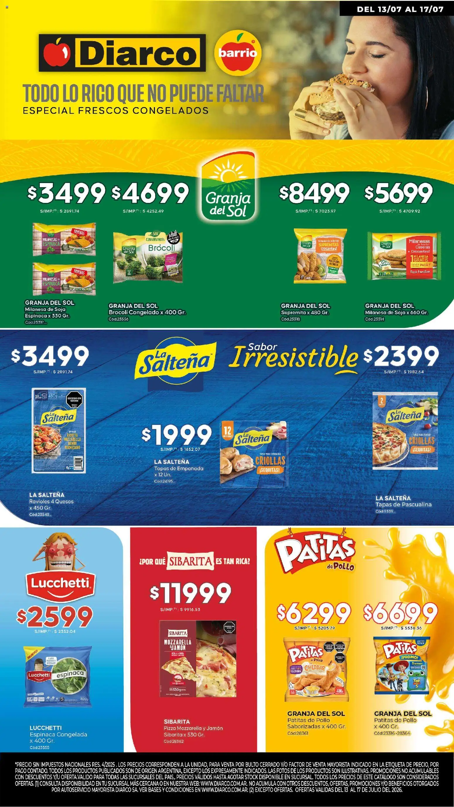 Vista previa del folleto de la tienda Diarco válido desde el 13/07/2026 - Pizza, Milanesas, Milanesa, Pollo, Ravioles, Espinaca, Mozzarella, Jamón