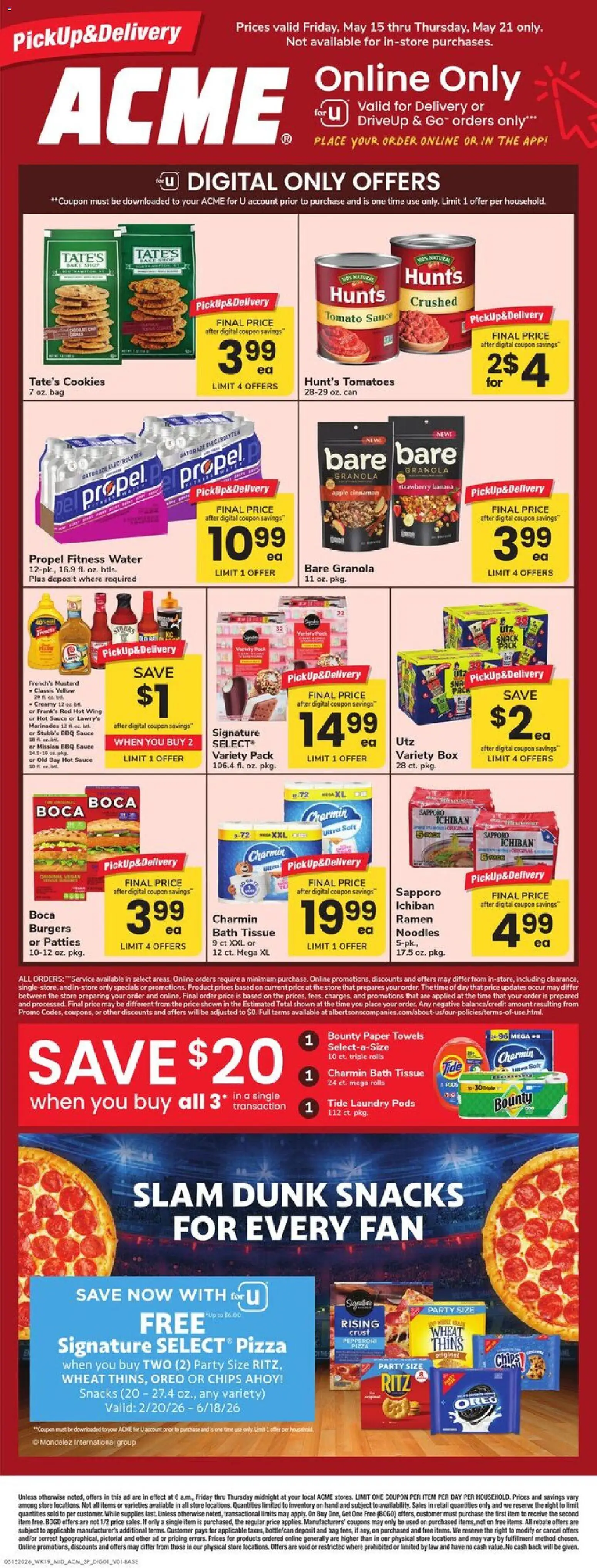 Ad Preview of Acme Acme Specialty Publication from 05/15/2026 - Pizza, Water, Box, Snacks, Tomatoes, Bag, Sauce, Paper towels