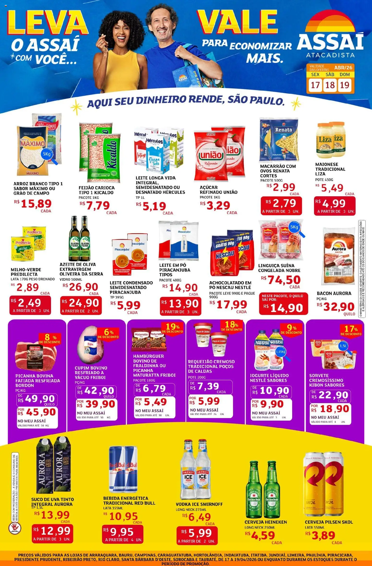 Pré-Visualização do folheto "Assaí Atacadista ofertas - SP" da loja Assaí Atacadista válido a partir de 17/04/2026 - Cerveja, Leite condensado, Iogurte, Arroz, Vodka, Feijão, Nescau, Azeite de oliva
