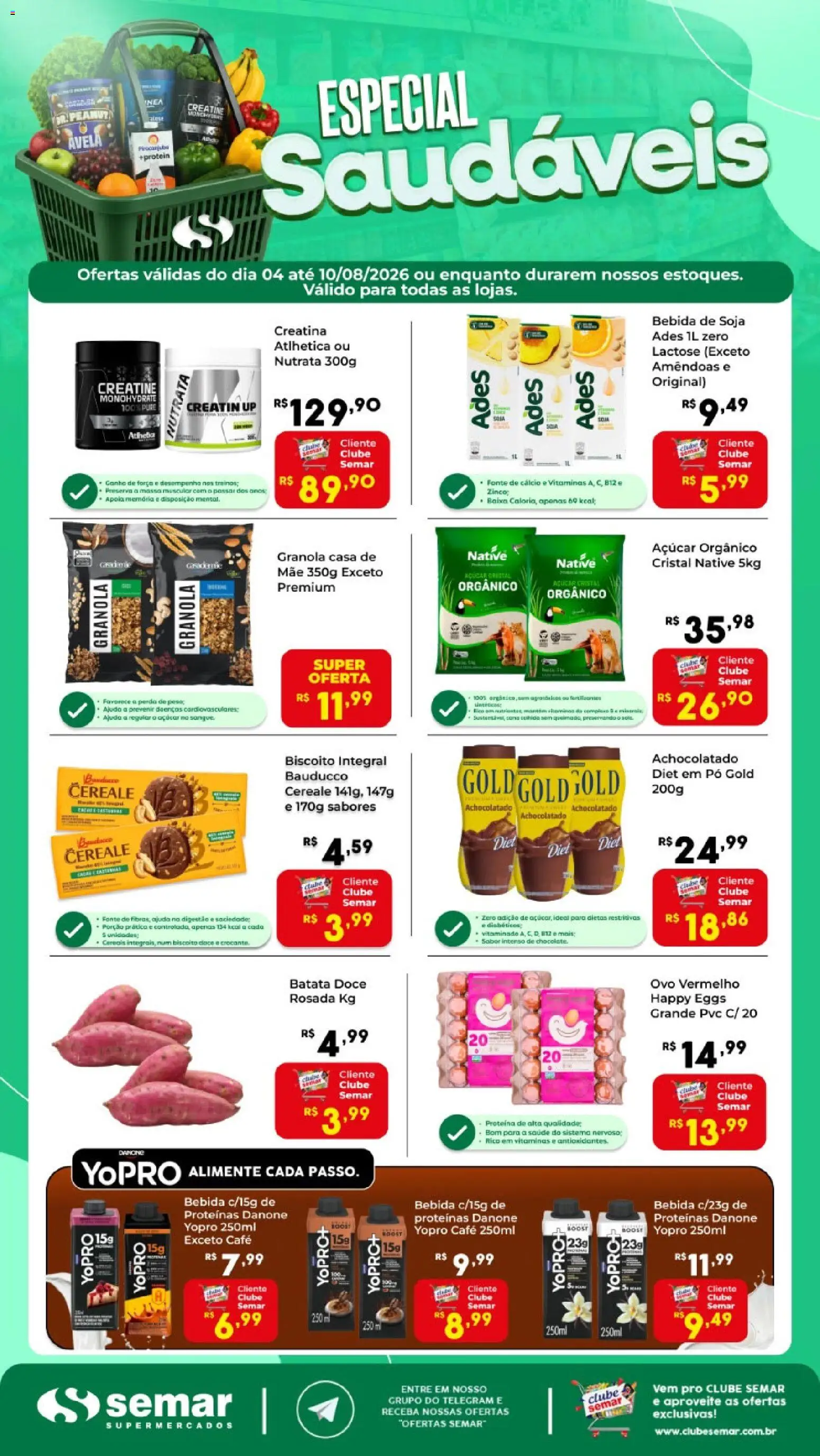 Pré-Visualização do folheto "Semar Supermercado ofertas Especial Saudáveis" da loja Semar Supermercado válido a partir de 04/08/2026 - Creatina, Doce, Soja, Massa, Granola, Pó, Achocolatado, Cereais