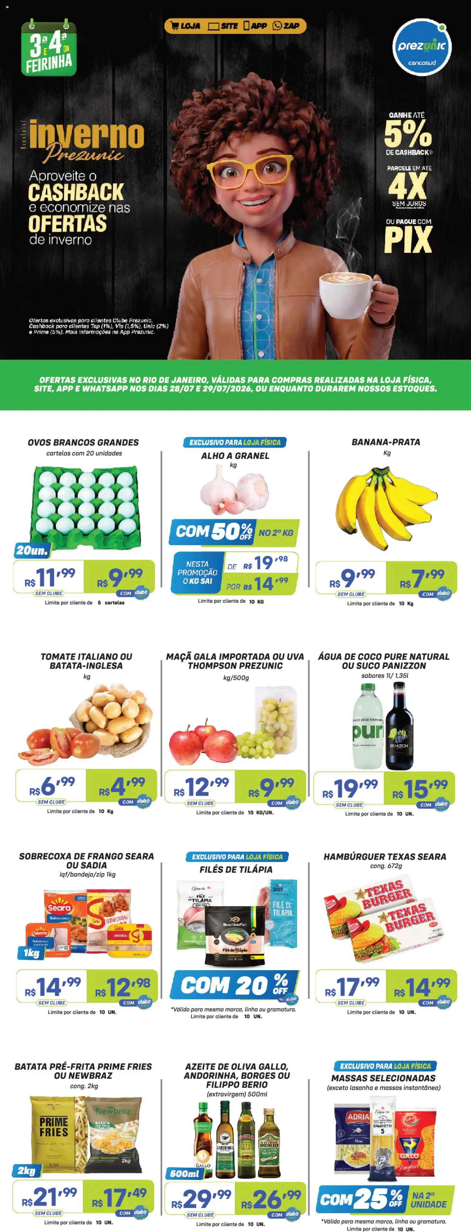 Pré-Visualização do folheto "Prezunic ofertas" da loja Prezunic válido a partir de 28/07/2026 - Água, Água de coco, Lasanha, Uva, Ovos, Azeite, Azeite de oliva, Alho