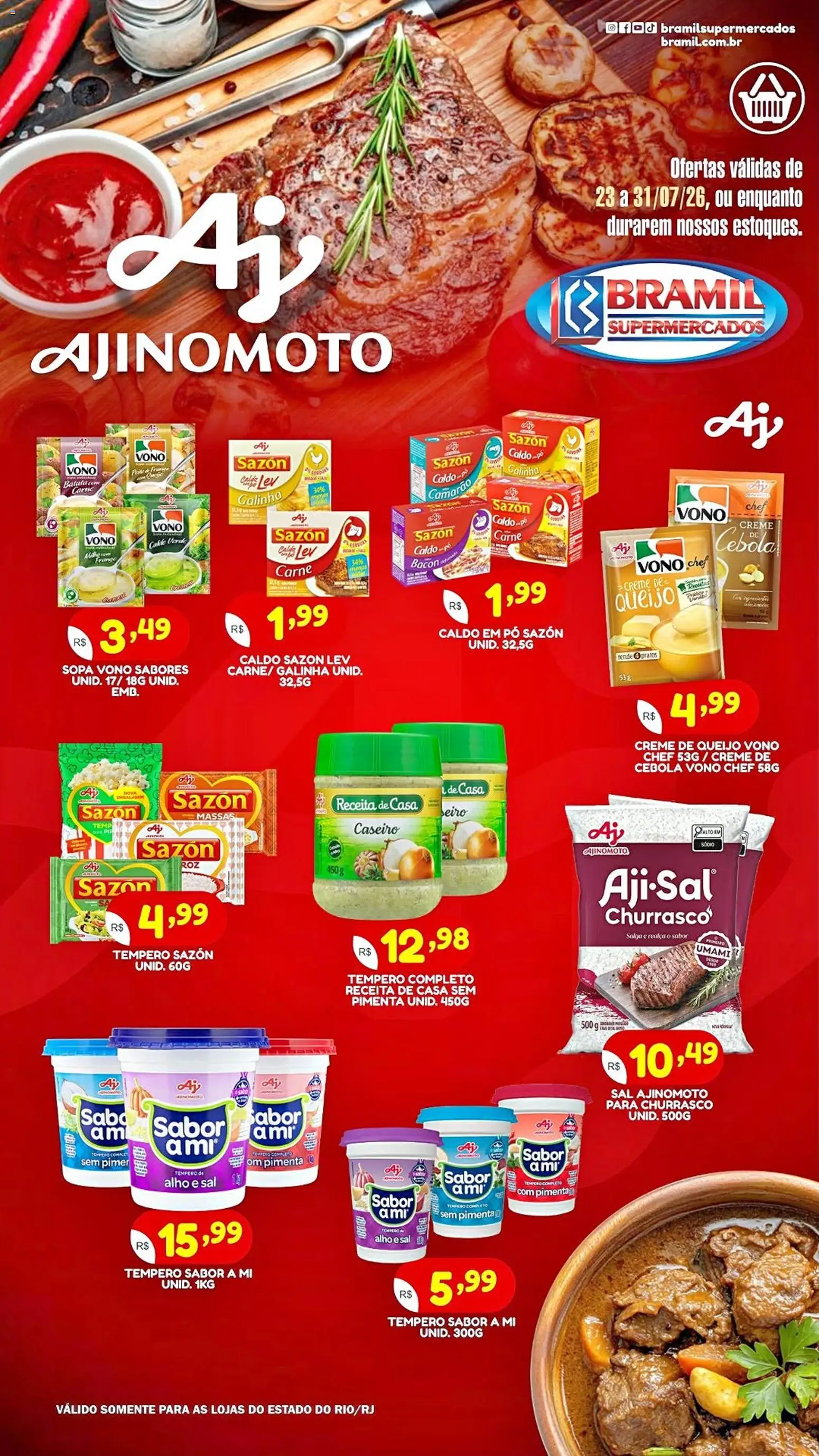 Pré-Visualização do folheto "Bramil Supermercados ofertas Aj Ajinomoto" da loja Bramil Supermercados válido a partir de 23/07/2026 - Sal, Queijo, Carne, Batata, Frango, Creme, Bacon, Cebola