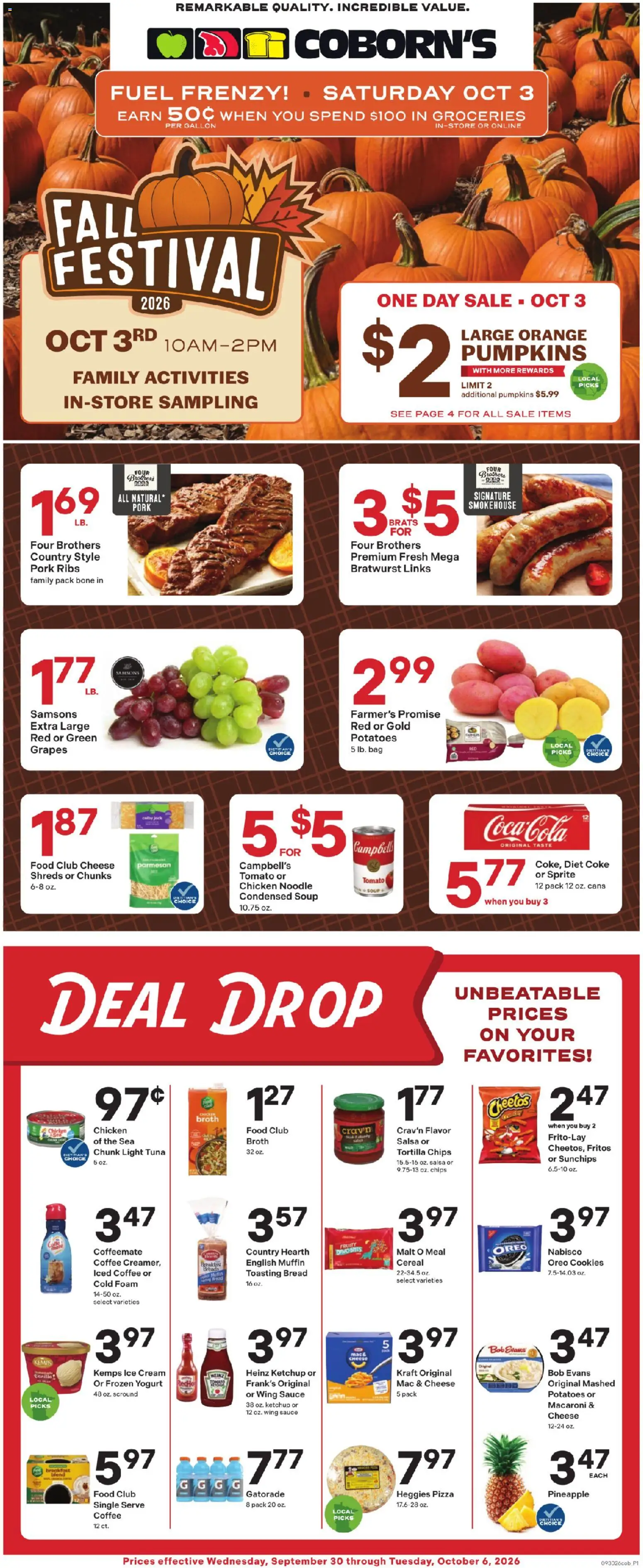 Ad Preview of Coborn's Coborn's Weekly Ad from 09/30/2026 - Ice cream, Ice, Potatoes, Pineapple, Oreo, Bratwurst, Foam, Pork ribs
