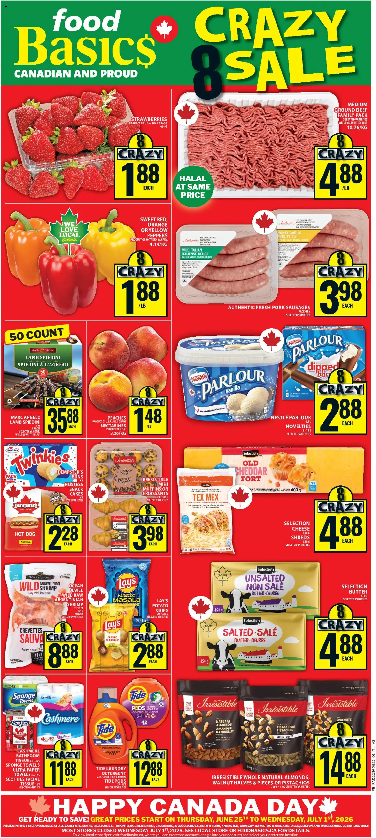 Preview of leaflet Food Basics weekly flyer - Ancaster from shop Food Basics is valid from Jun 25, 2026 - Cake, Honey, Cheese, Strawberries, Shrimp, Walnuts, Almonds, Detergent