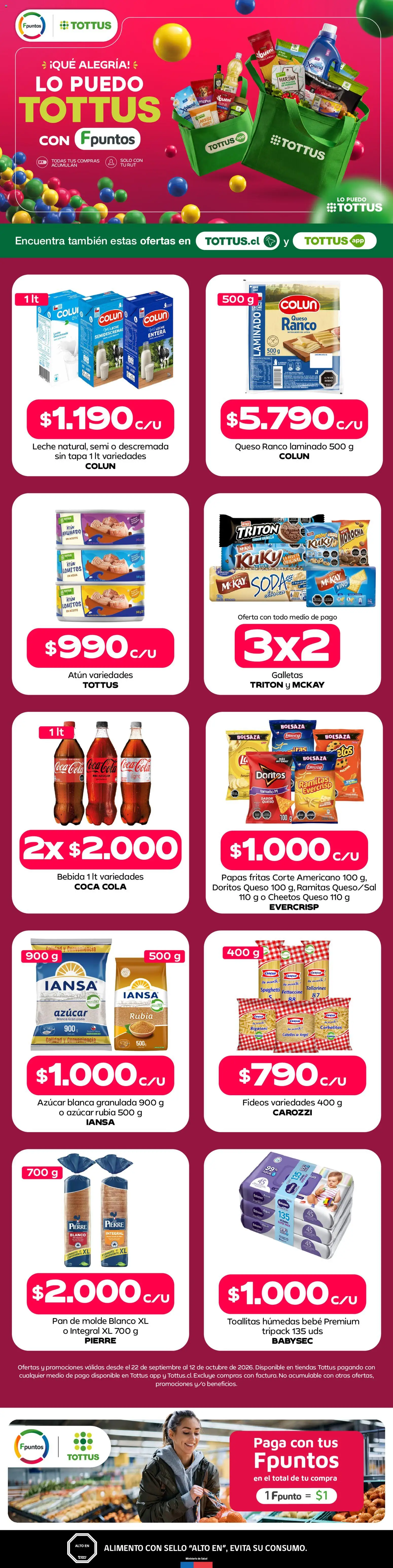 Folleto de la tienda Tottus válido desde el 19.09.2026 - Queso, Pan, Tomates, Toallitas húmedas, Atún, Leche, Fideos, Tapa