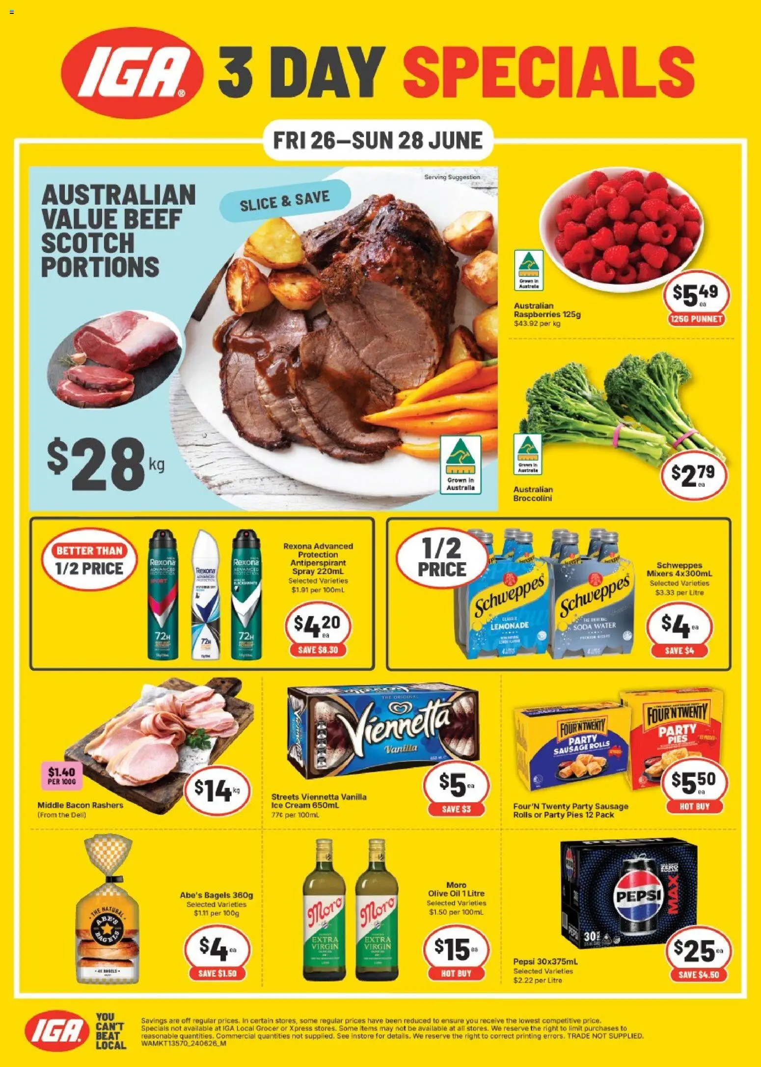 Preview of catalogue IGA 3 Day Specials - WA from shop IGA valid 26/06/2026 - Bagels, Bacon, Oil, Beef, Olive oil, Ice cream, Scotch, Raspberries