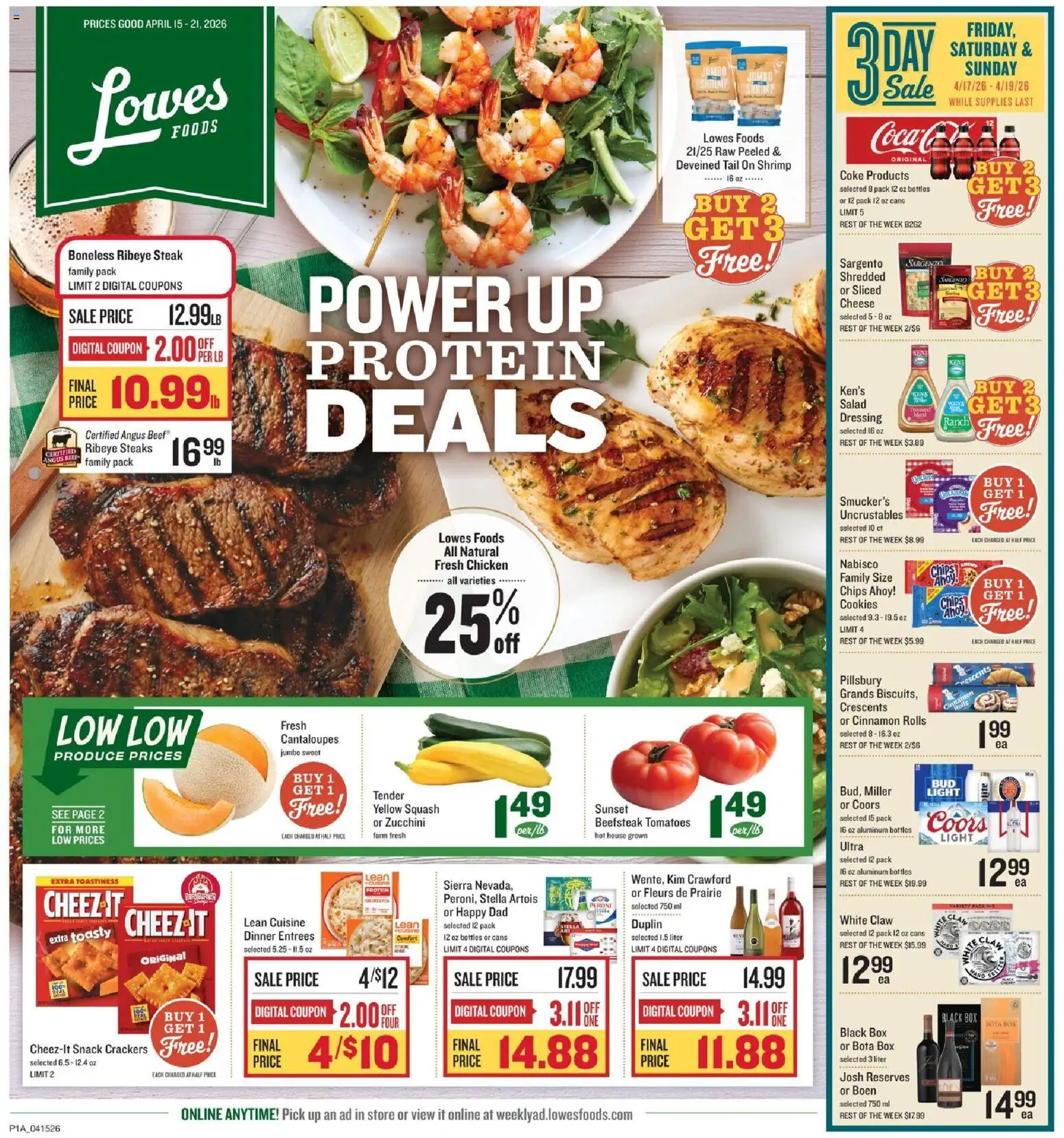 Ad Preview of Lowes Foods Lowes Foods Weekly Ad from 04/15/2026 - Steak, Chips, Zucchini, Shrimp, Tomatoes, Protein, Crackers, Chicken