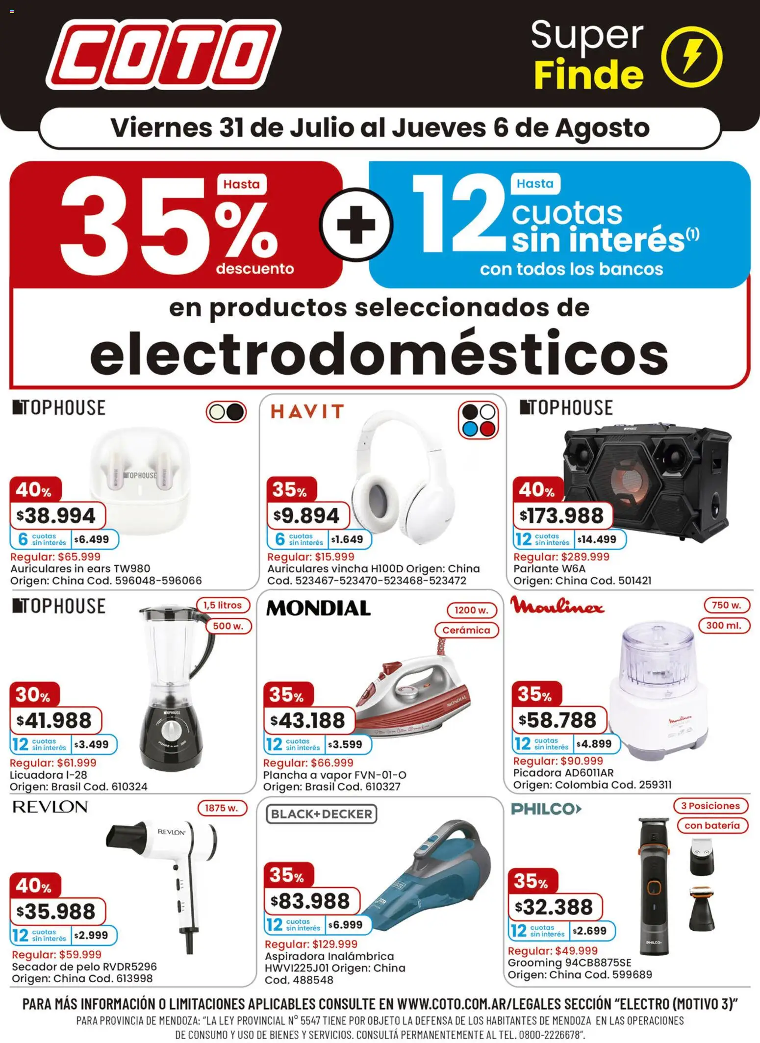 Vista previa del folleto de la tienda Coto válido desde el 31/07/2026 - Auriculares, Batería, Aspiradora, Secador de pelo, Licuadora, Parlante, Vincha, Plancha