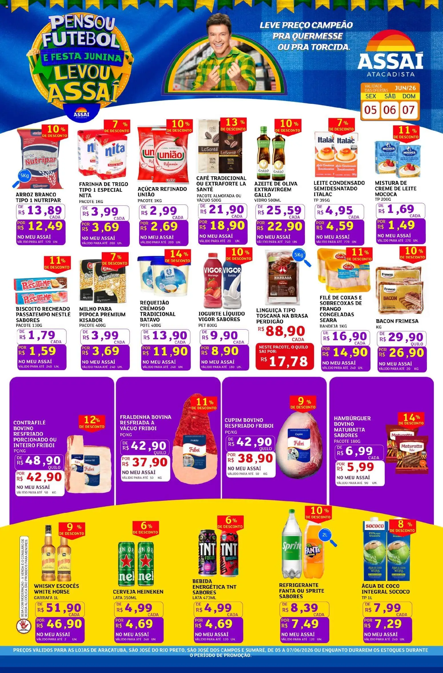 Pré-Visualização do folheto "Assaí Atacadista ofertas - SP" da loja Assaí Atacadista válido a partir de 05/06/2026 - Hambúrguer, Coco, Heineken, Água de coco, Cerveja Heineken, Refrigerante, Linguiça, Fanta