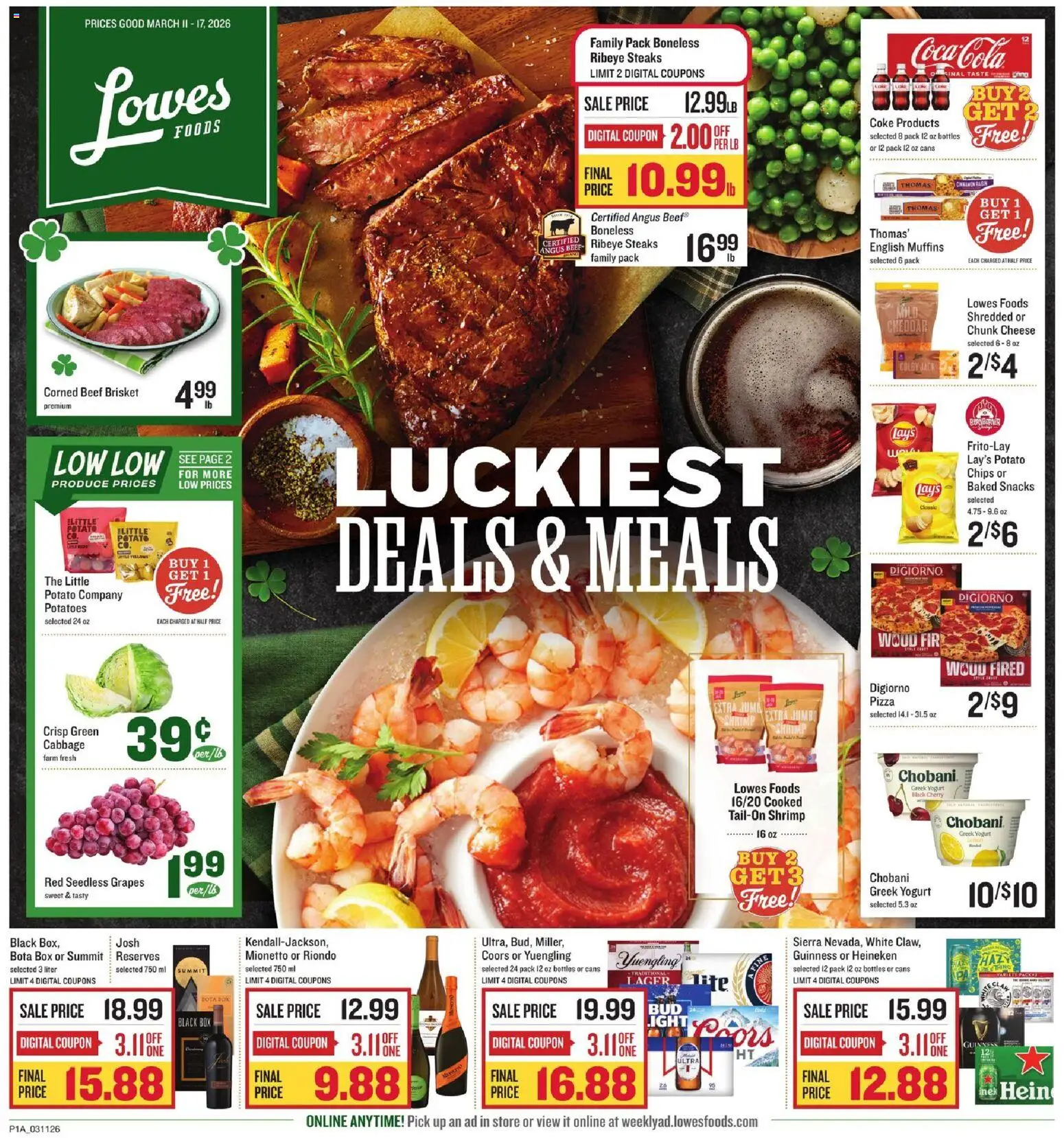 Ad Preview of Lowes Foods Lowes Foods Weekly Ad from 03/11/2026 - Pizza, Box, Snacks, Chips, Cheese, Greek yogurt, Cabbage, Muffins