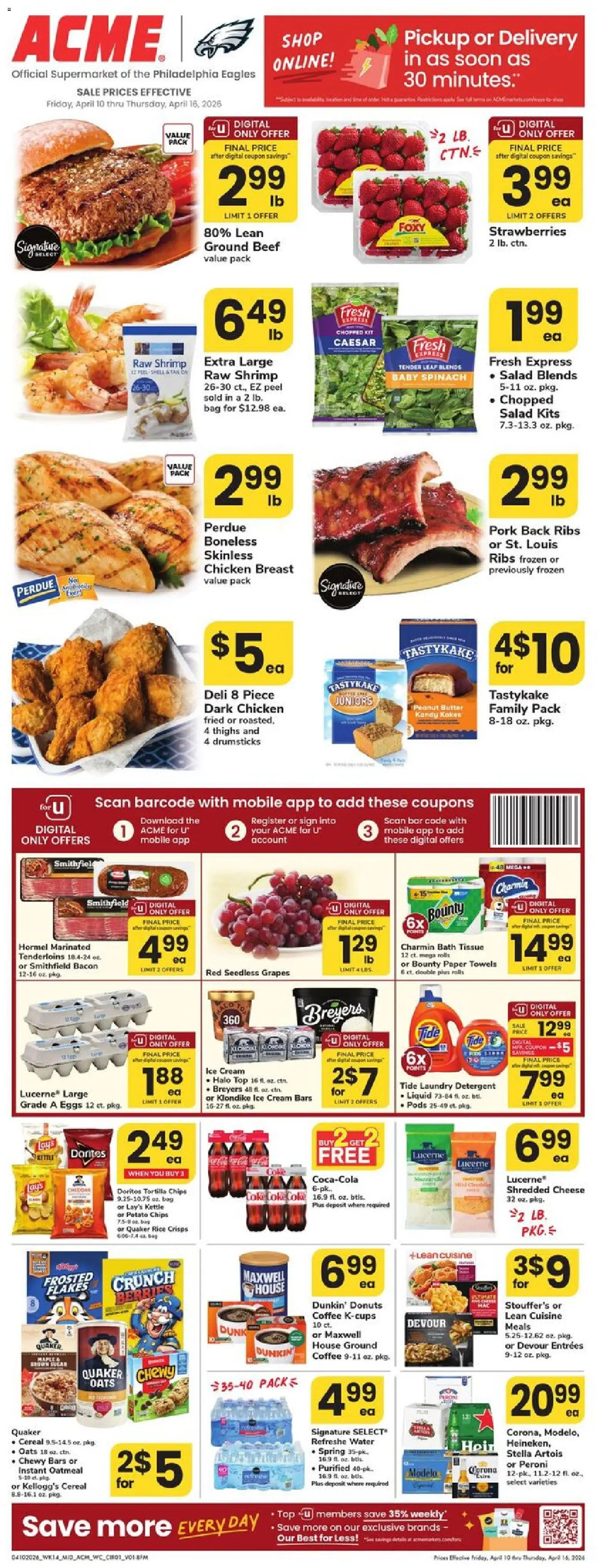 Ad Preview of Acme Acme Weekly Ad - PA from 04/10/2026 - Water, Shrimp, Rice, Beef, Bag, Spinach, Bath, Kettle