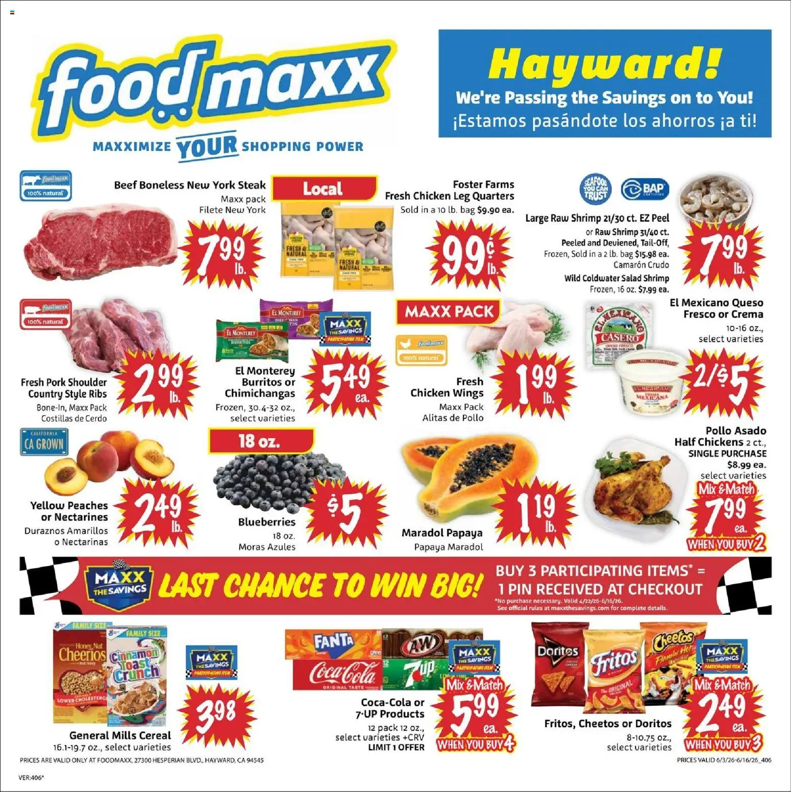 Ad Preview of FoodMaxx FoodMaxx Weekly Ad from 06/03/2026 - Chickens, Peaches, Shrimp, Beef, Pork, Nectarines, Pork shoulder, Chicken