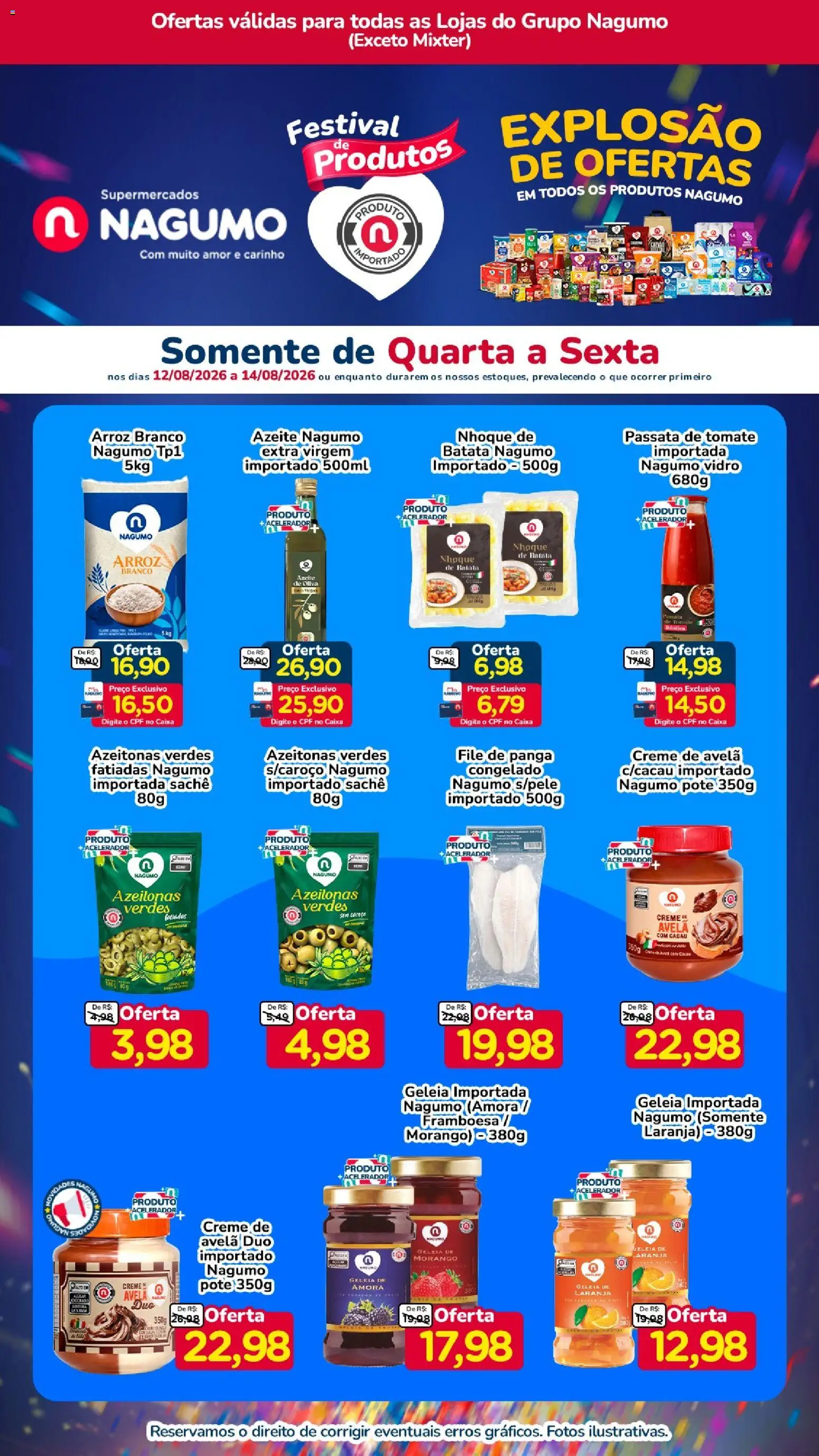 Pré-Visualização do folheto "Nagumo ofertas Festival de Produtos Nagumo" da loja Nagumo válido a partir de 12/08/2026 - Caixa, Nhoque, Azeite, Tomate, Geleia, Azeitonas, Creme de avelã, Passata de tomate