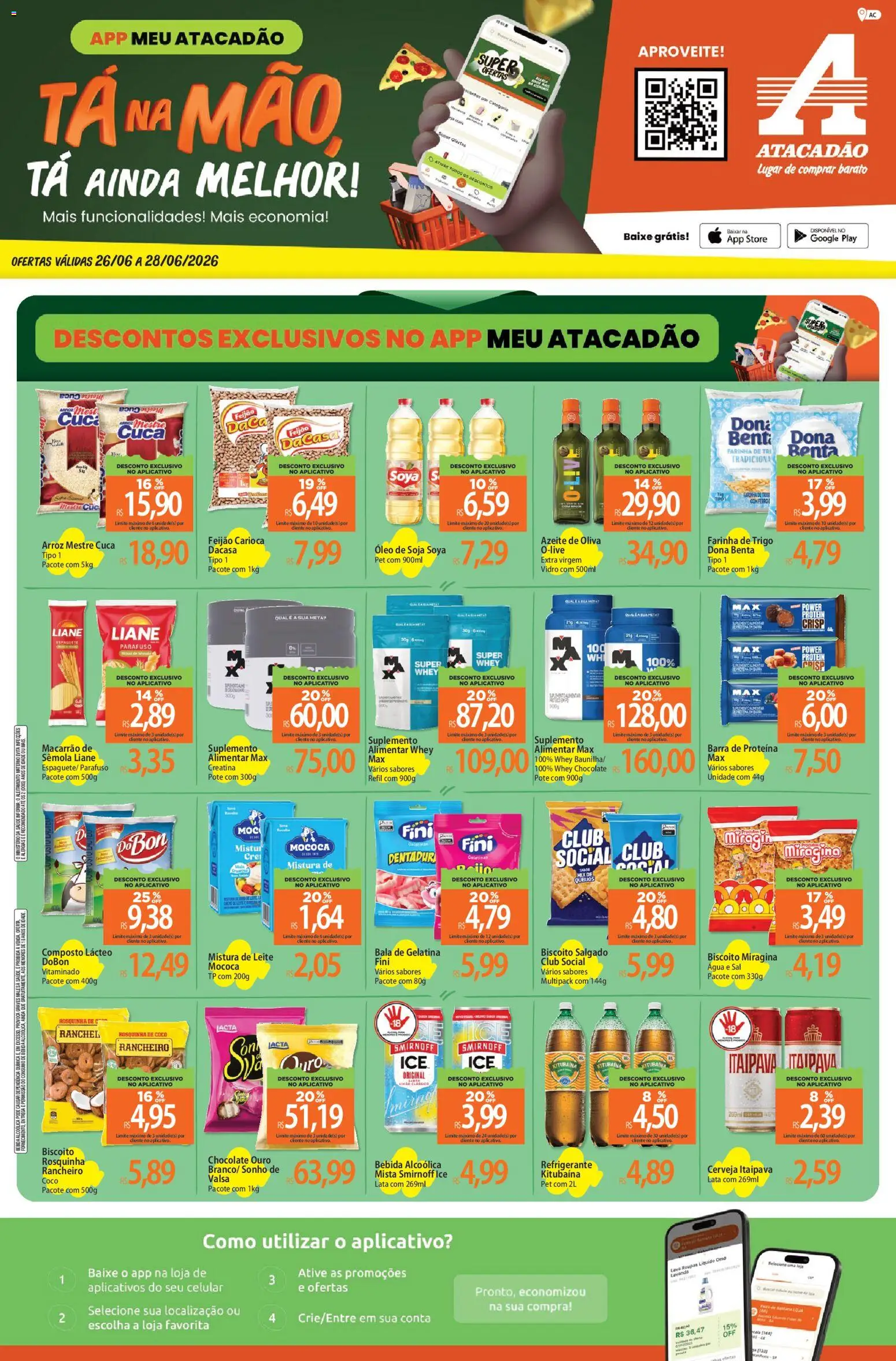 Pré-Visualização do folheto "Atacadão ofertas - AC" da loja Atacadão válido a partir de 26/06/2026 - Celular, Macarrão, Sonho, Leite, Refrigerante, Espaguete, Rosquinha, Macarrão de sêmola