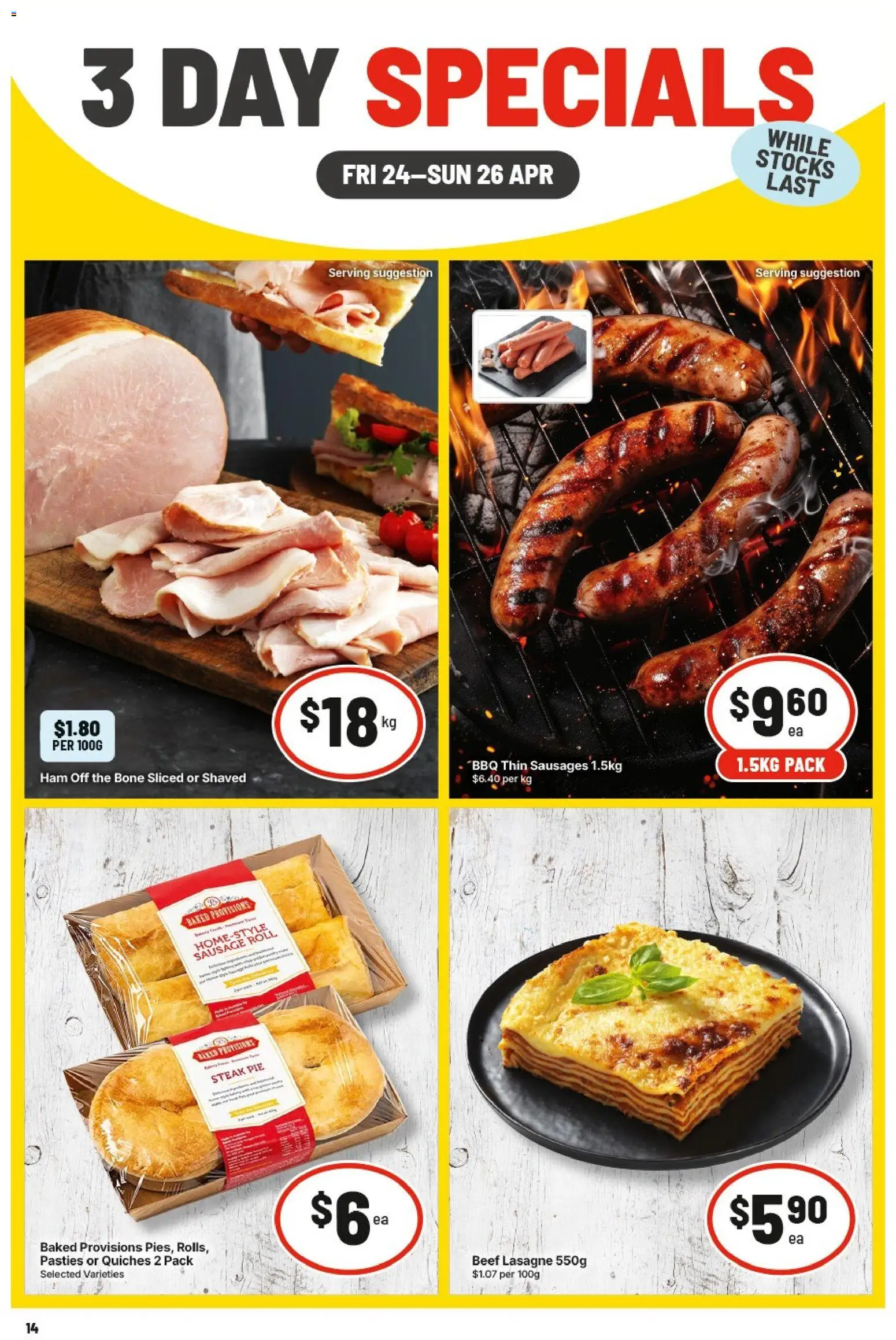 Preview of catalogue IGA 3 Day Specials NSW from shop IGA valid 24/04/2026 - Ham, Beef, Steak, Sausage, Lasagne, Sausages