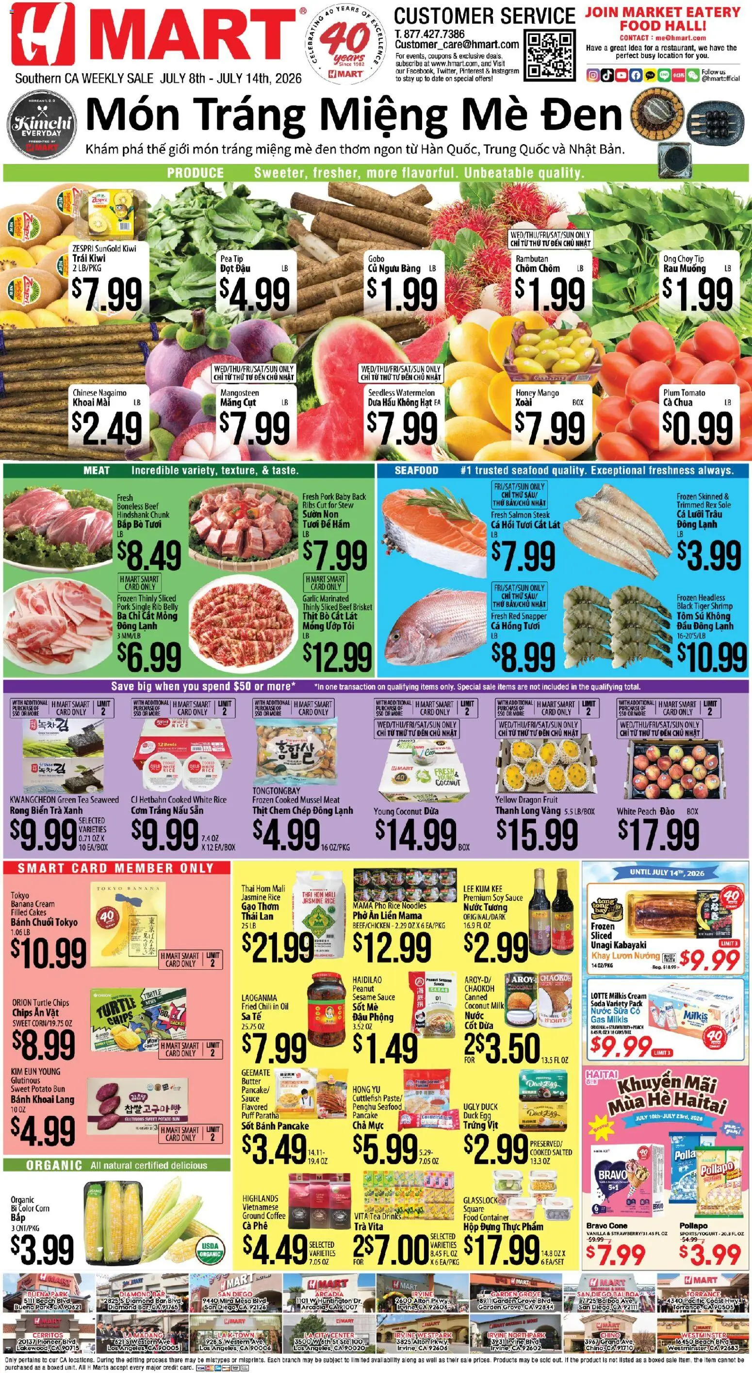 Ad Preview of Hmart Hmart VIETNAMESE - Southern California from 07/08/2026 - Coffee, Mango, Box, Chips, Kimchi, Tomato, Pea, Beef ribs