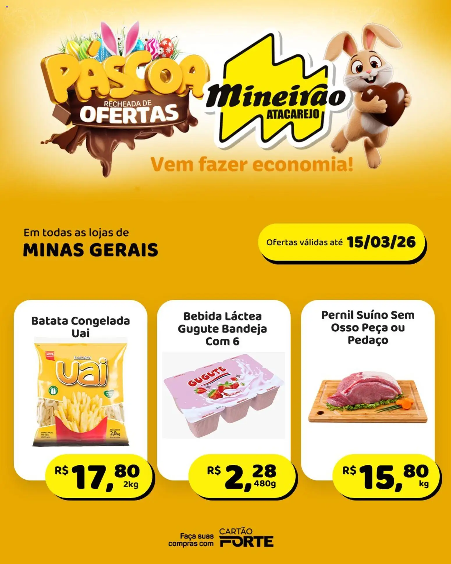 Pré-Visualização do folheto "Mineirão Atacarejo ofertas Páscoa" da loja Mineirão Atacarejo válido a partir de 09/03/2026 - Bebida, Batata, Pernil, Bandeja, Pernil suíno, Faca