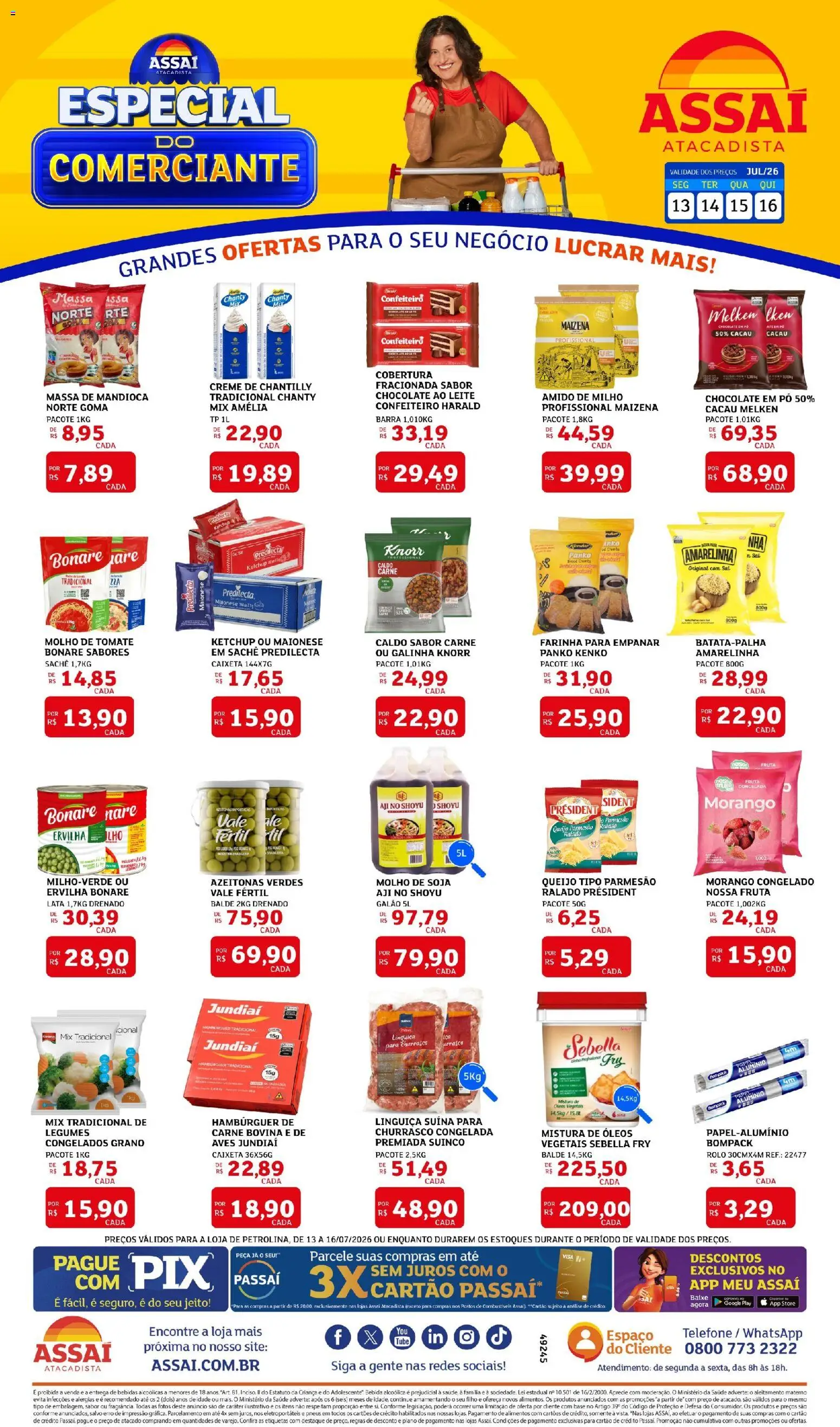 Pré-Visualização do folheto "Assaí Atacadista ofertas - PE" da loja Assaí Atacadista válido a partir de 13/07/2026 - Chocolate, Bebidas, Pneus, Queijo, Carne, Mandioca, Parmesão, Rolo