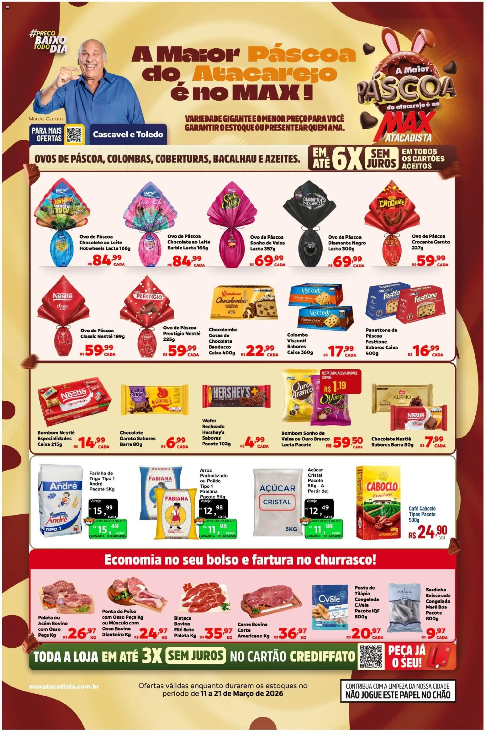 Pré-Visualização do folheto "Max Atacadista - Ofertas da semana" da loja Max Atacadista válido a partir de 11/03/2026 - Caixa, Café, Ovo de páscoa, Arroz, Leite, Bacalhau, Açúcar, Sardinha
